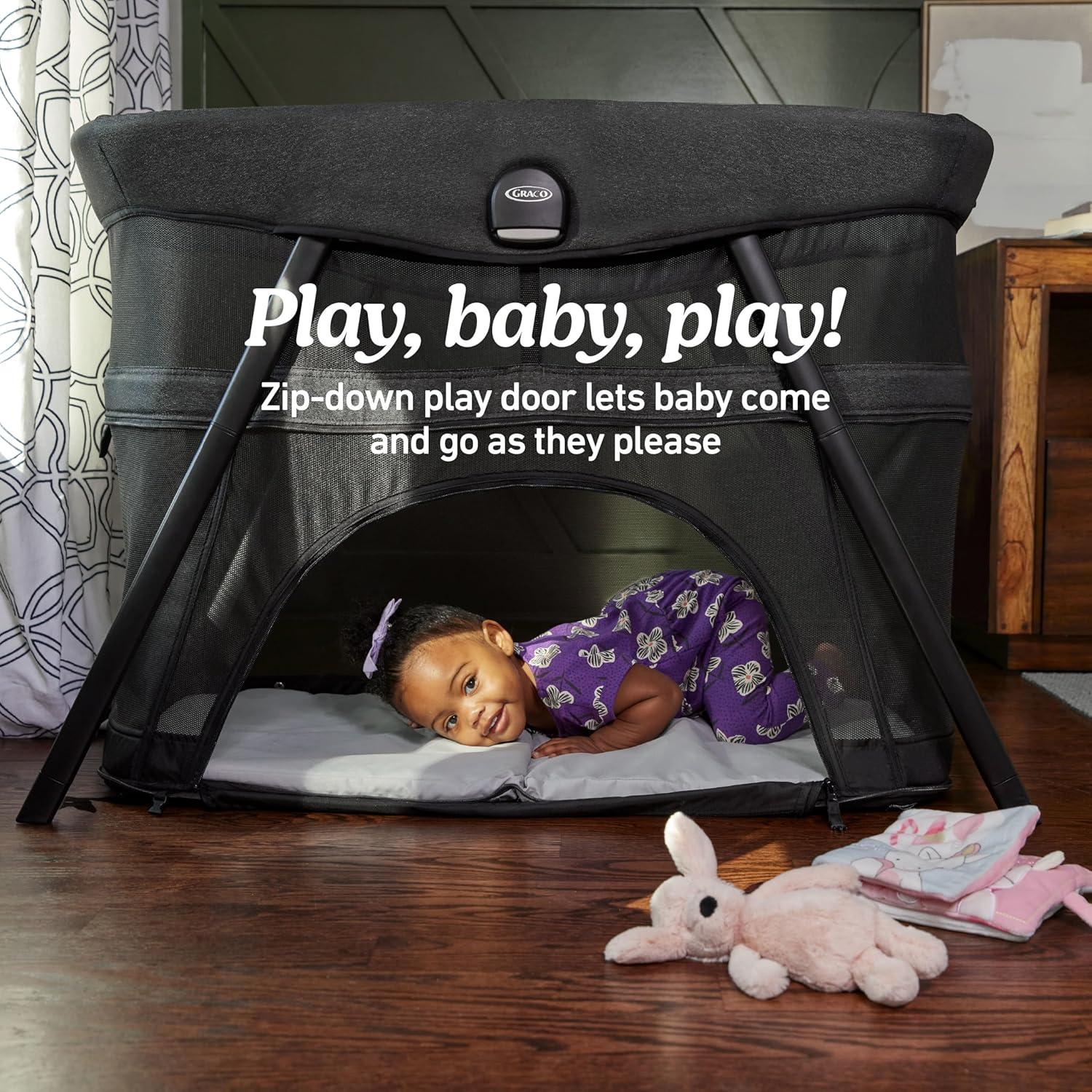 imageGraco Lite Traveler 4 in 1 Playard with 4 Modes Bedside Bassinet Toddler Playpen Free Play and Slumber Tent Mode Lightweight Portable Playard with Canopy and Carry BagSona