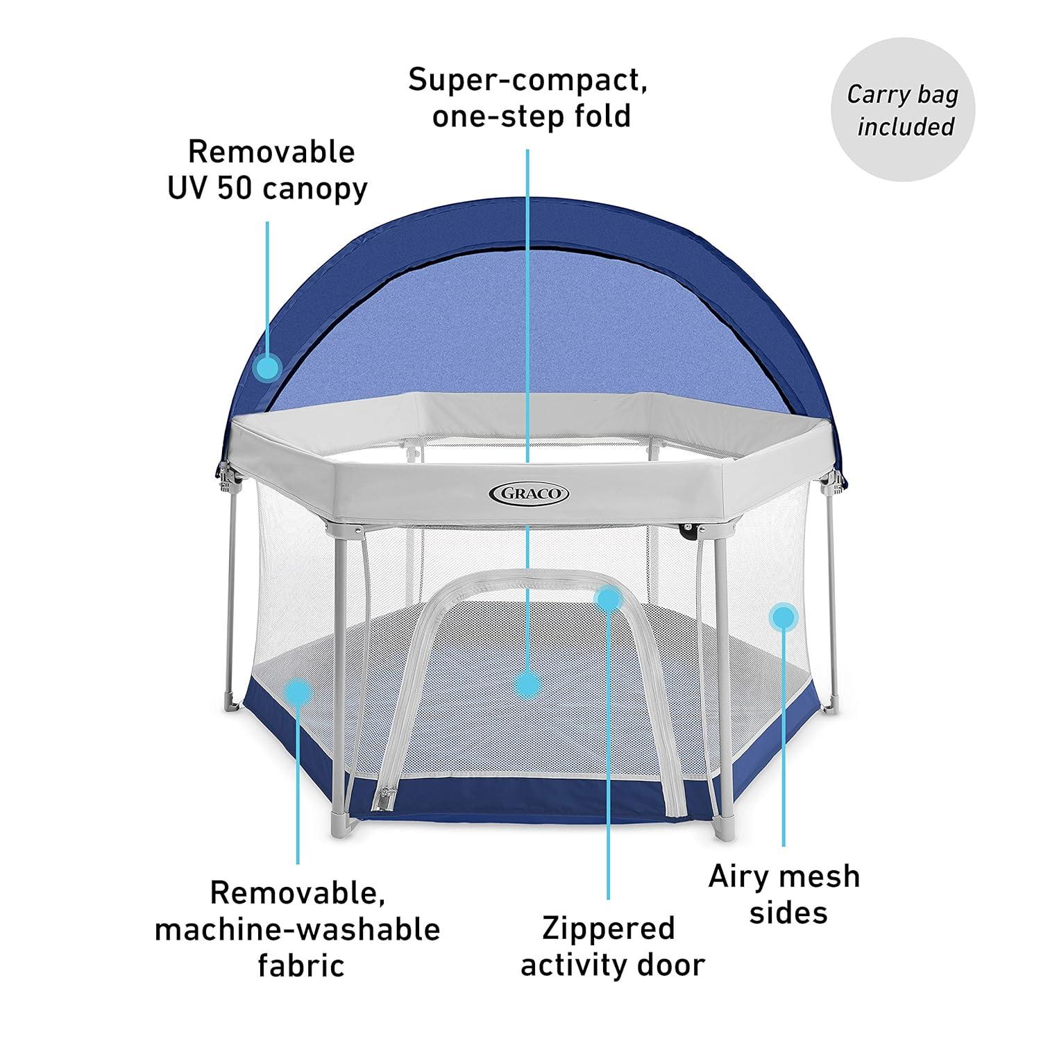 imageGraco Lite Traveler 4 in 1 Playard with 4 Modes Bedside Bassinet Toddler Playpen Free Play and Slumber Tent Mode Lightweight Portable Playard with Canopy and Carry BagCanyon
