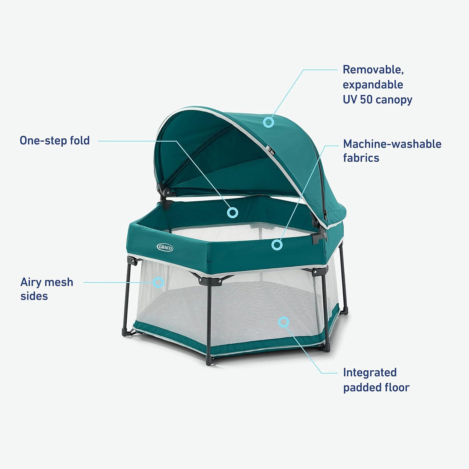 imageGraco Lite Traveler 4 in 1 Playard with 4 Modes Bedside Bassinet Toddler Playpen Free Play and Slumber Tent Mode Lightweight Portable Playard with Canopy and Carry BagBrixton
