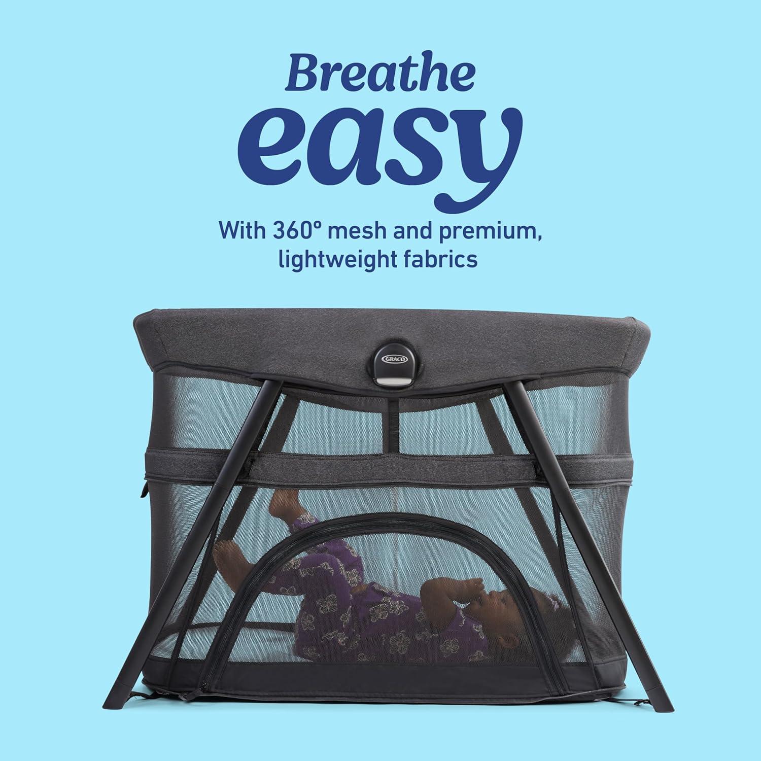 imageGraco Lite Traveler 4 in 1 Playard with 4 Modes Bedside Bassinet Toddler Playpen Free Play and Slumber Tent Mode Lightweight Portable Playard with Canopy and Carry BagSona