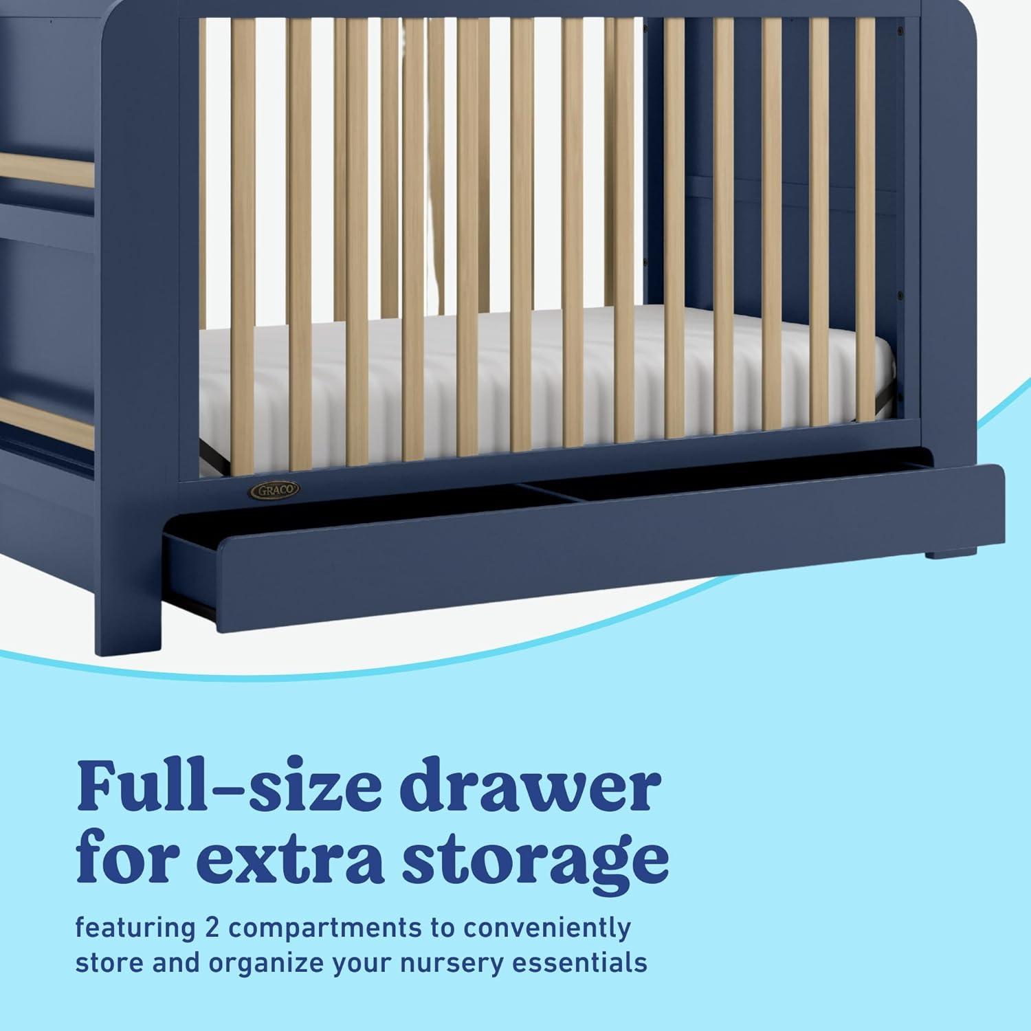 imageGraco ReadwithMe 4in1 Convertible Crib with Drawer Olive with Driftwood GREENGUARD Gold Certified Converts to Toddler Bed Daybed and Functional BookshelvesMidnight Blue With Driftwood