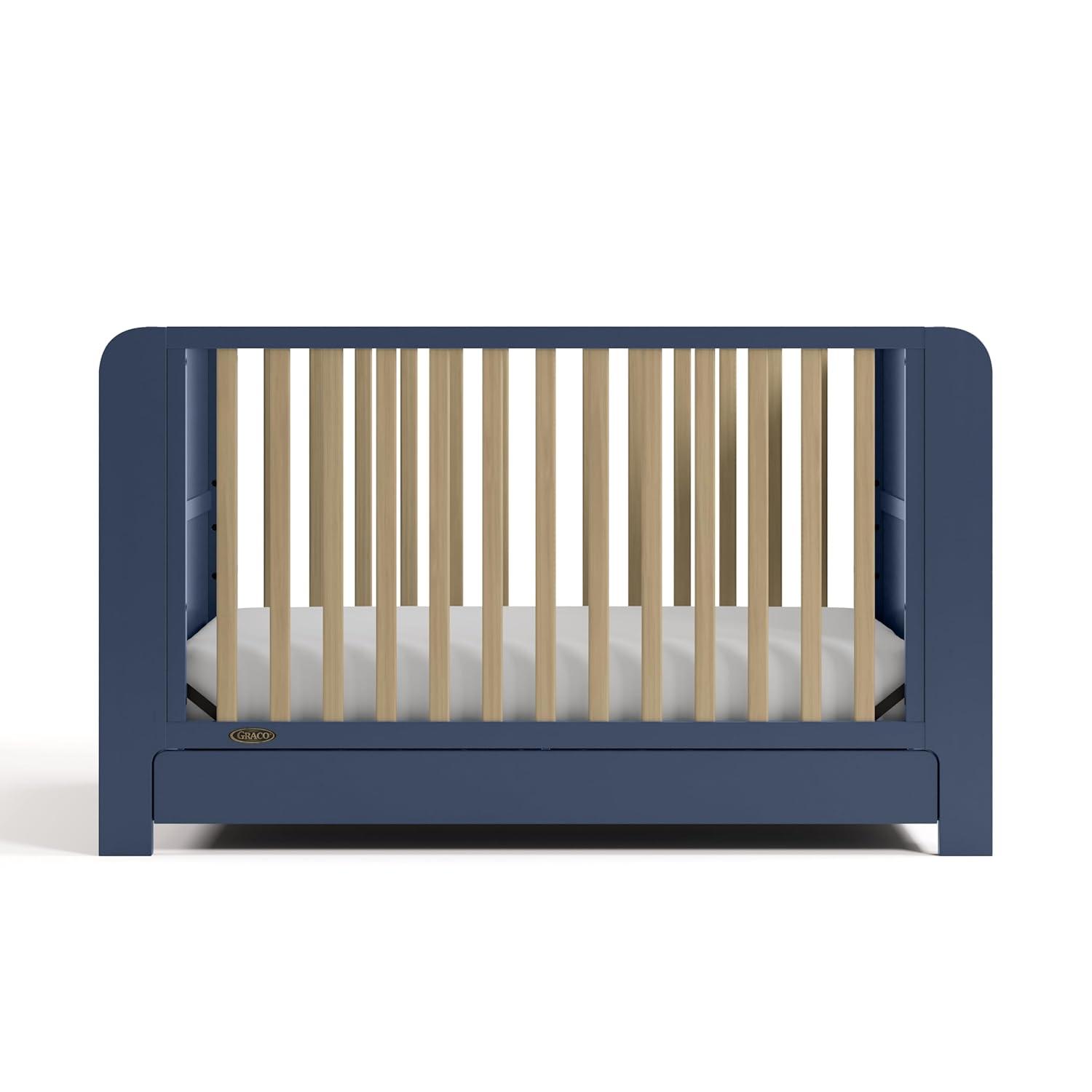 imageGraco ReadwithMe 4in1 Convertible Crib with Drawer Olive with Driftwood GREENGUARD Gold Certified Converts to Toddler Bed Daybed and Functional BookshelvesMidnight Blue With Driftwood