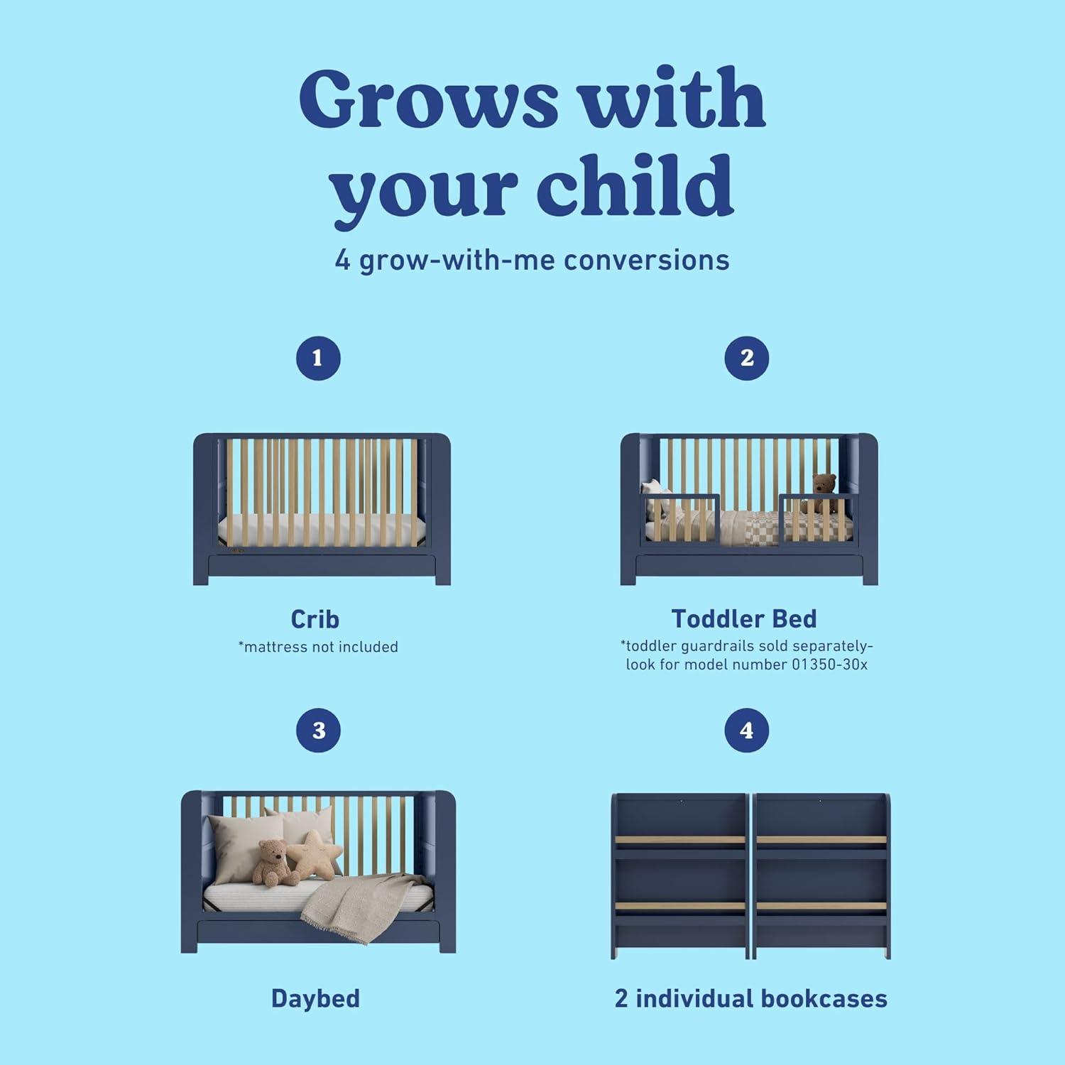 imageGraco ReadwithMe 4in1 Convertible Crib with Drawer Olive with Driftwood GREENGUARD Gold Certified Converts to Toddler Bed Daybed and Functional BookshelvesMidnight Blue With Driftwood