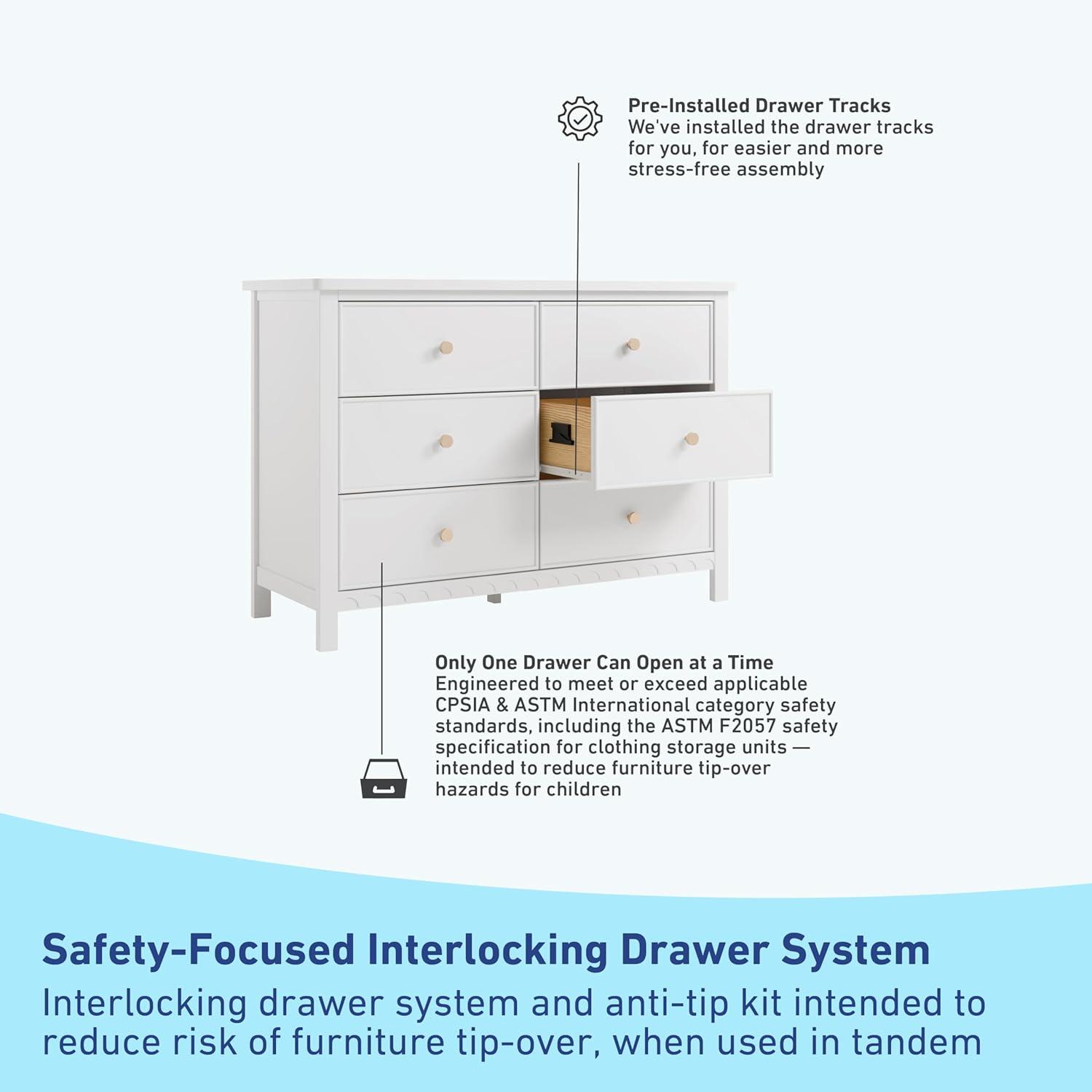 imageGraco Sasha 6 Drawer Dresser White GREENGUARD Gold Certified Wood Storage for Nursery or Kids Room Safe Interlocking Drawer System ampamp Easy Assembly with PreInstalled TracksWhite
