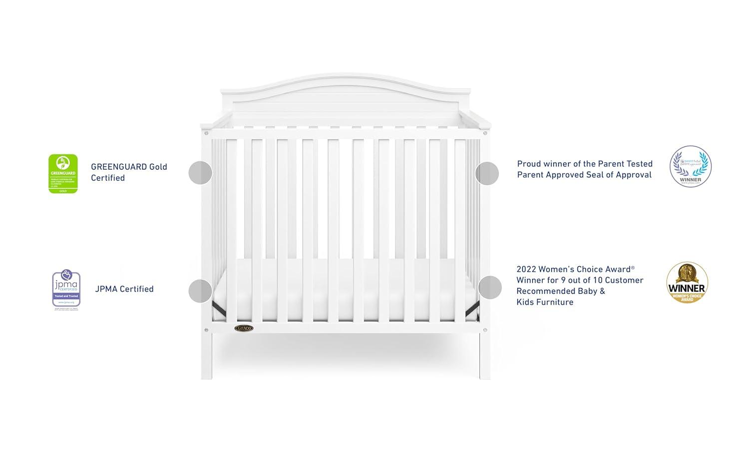 imageGraco Stella 4in1 Convertible Mini Crib with Bonus Mattress Pebble Gray Includes Bonus 275 Inch Thick Mattress with WaterResistant Cover Converts to Twin Bed Ideal Crib for Small SpacesWhite