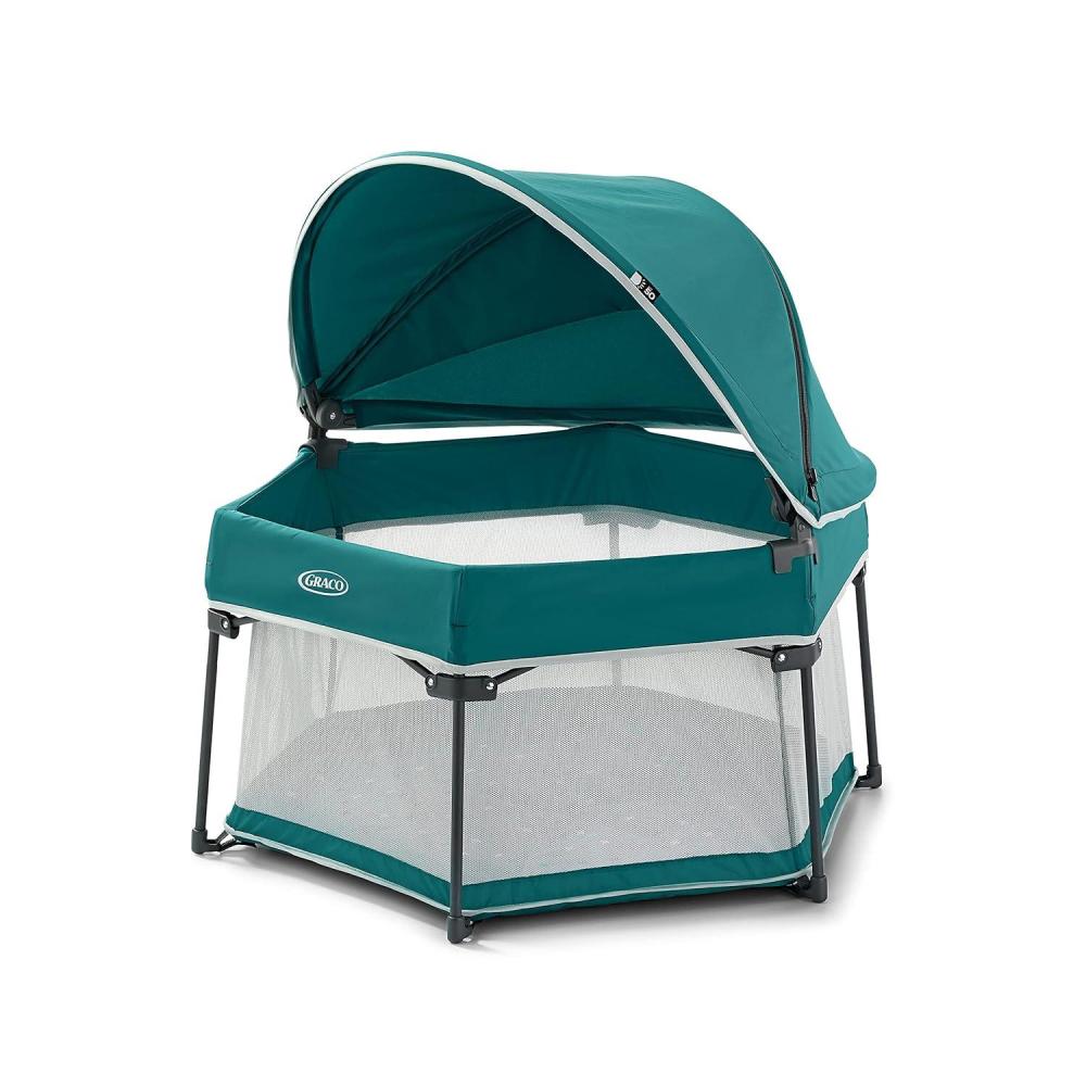 imageGraco Lite Traveler 4 in 1 Playard with 4 Modes Bedside Bassinet Toddler Playpen Free Play and Slumber Tent Mode Lightweight Portable Playard with Canopy and Carry BagBrixton