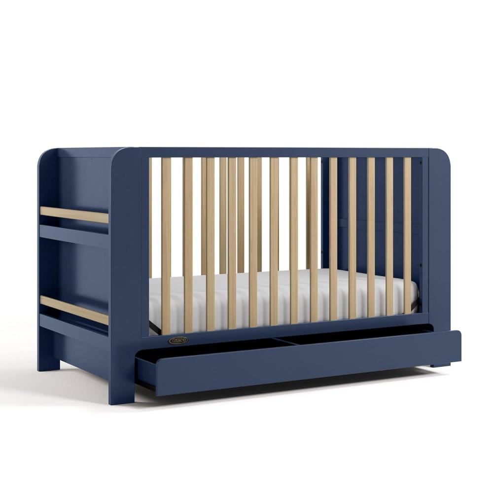 imageGraco ReadwithMe 4in1 Convertible Crib with Drawer Olive with Driftwood GREENGUARD Gold Certified Converts to Toddler Bed Daybed and Functional BookshelvesMidnight Blue With Driftwood