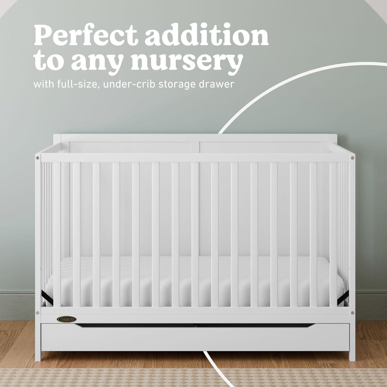 imageGraco Melrose 5in1 Convertible Crib with Drawer White GREENGUARD Gold Certified Fits Standard Crib Mattress Converts to Toddler Bed Daybed and Full Bed 4 Adjustable Mattress HeightsWhite