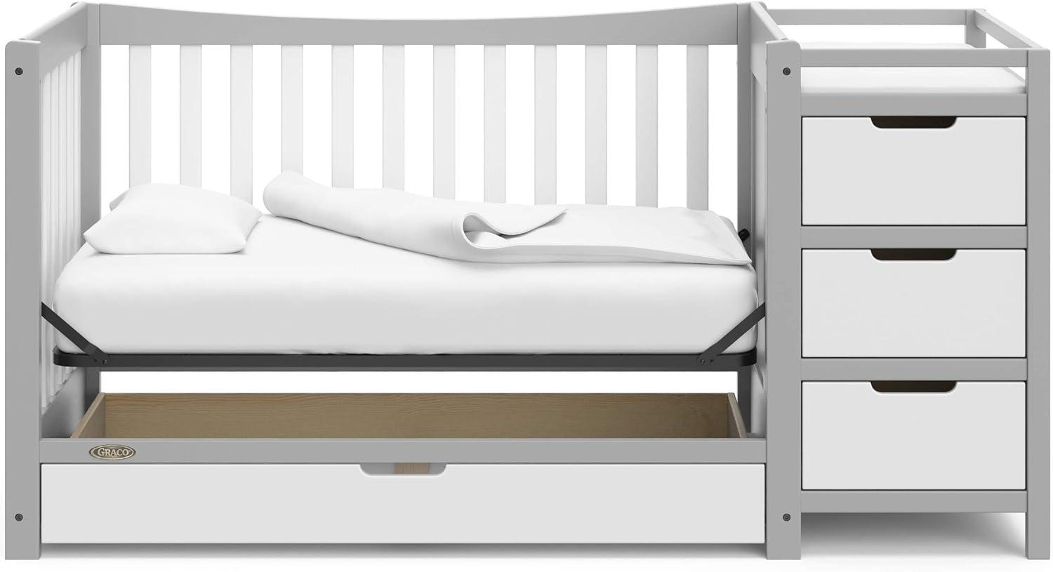 imageGraco Remi 4in1 Convertible Crib ampamp Changer White GREENGUARD Gold Certified Fits Standard Crib Mattress Converts to Toddler Bed and Full Bed 4 Adjustable Mattress HeightsPebble Gray White