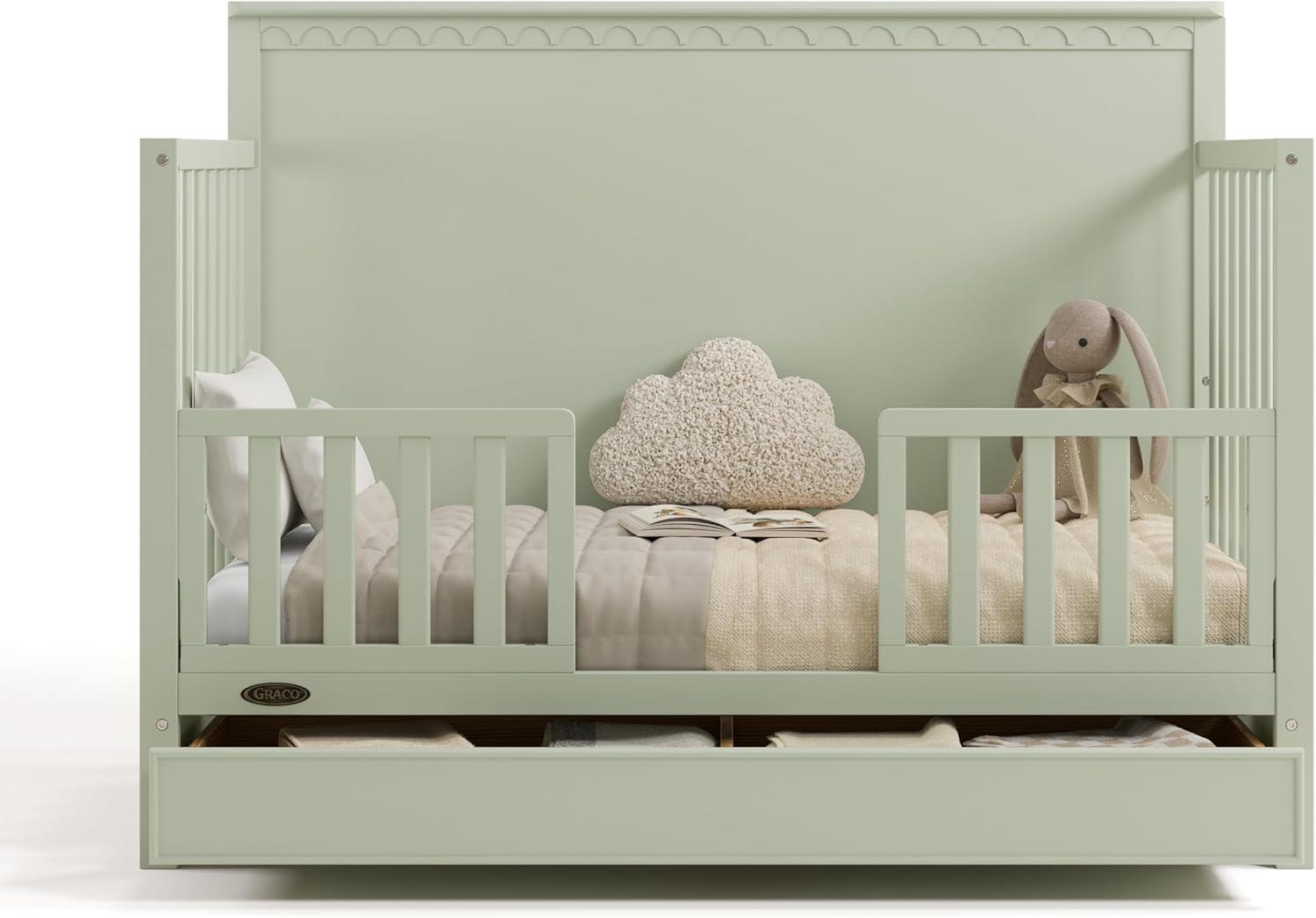 imageGraco Sasha 5in1 Convertible Crib with Drawer Frosted Oat GREENGUARD Gold Certified Wood Crib Converts to Toddler Bed Daybed FullSize Bed Stylish Classic DesignSage