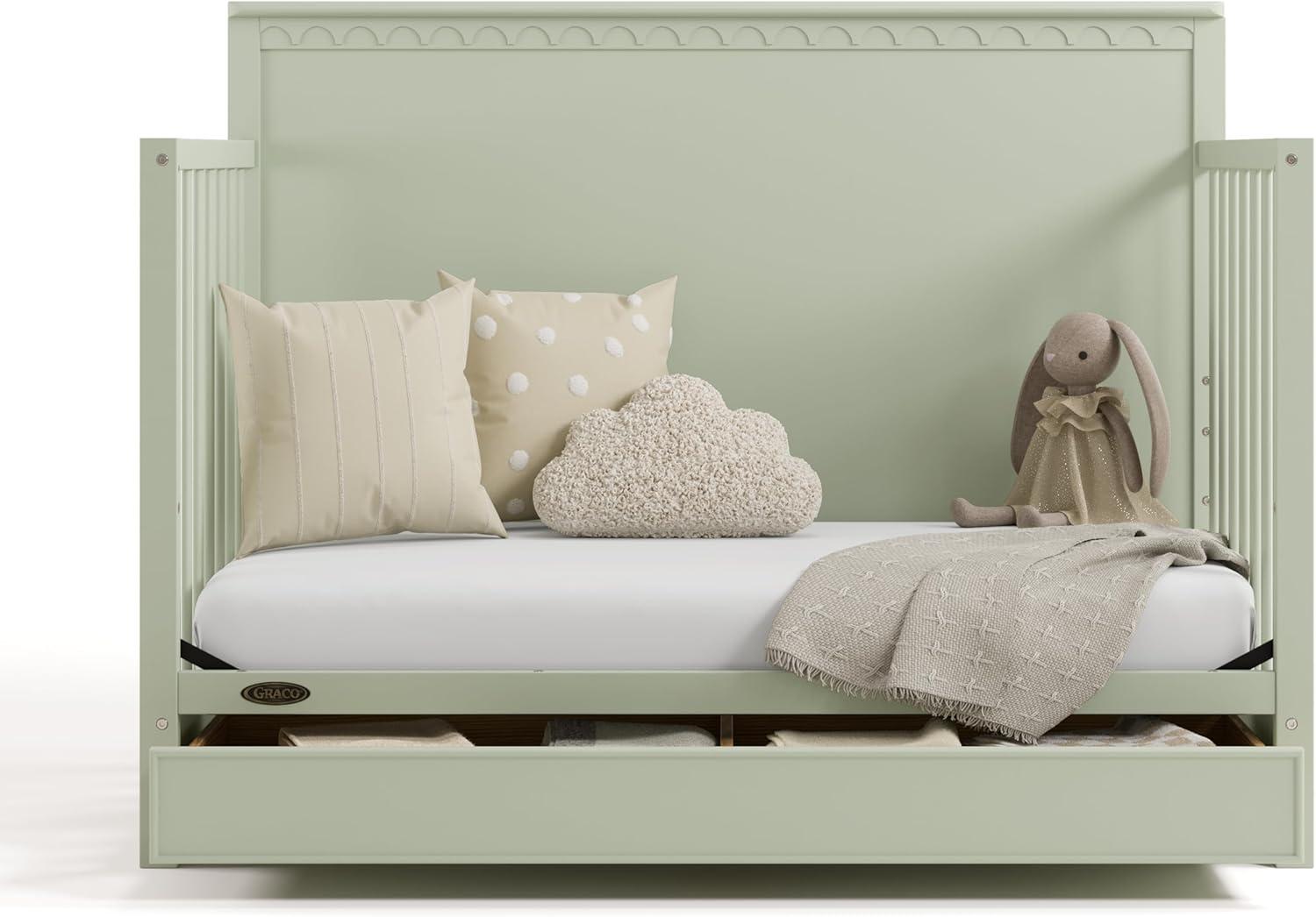 imageGraco Sasha 5in1 Convertible Crib with Drawer Frosted Oat GREENGUARD Gold Certified Wood Crib Converts to Toddler Bed Daybed FullSize Bed Stylish Classic DesignSage