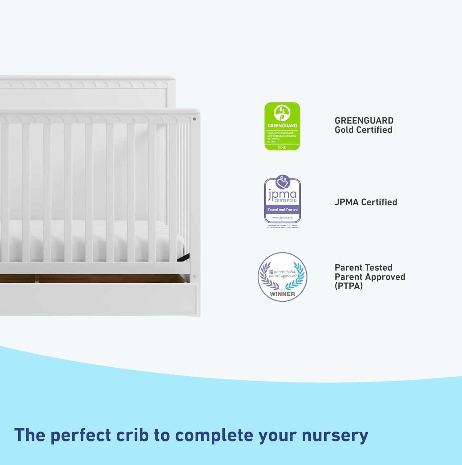 imageGraco Sasha 5in1 Convertible Crib with Drawer Frosted Oat GREENGUARD Gold Certified Wood Crib Converts to Toddler Bed Daybed FullSize Bed Stylish Classic DesignWhite