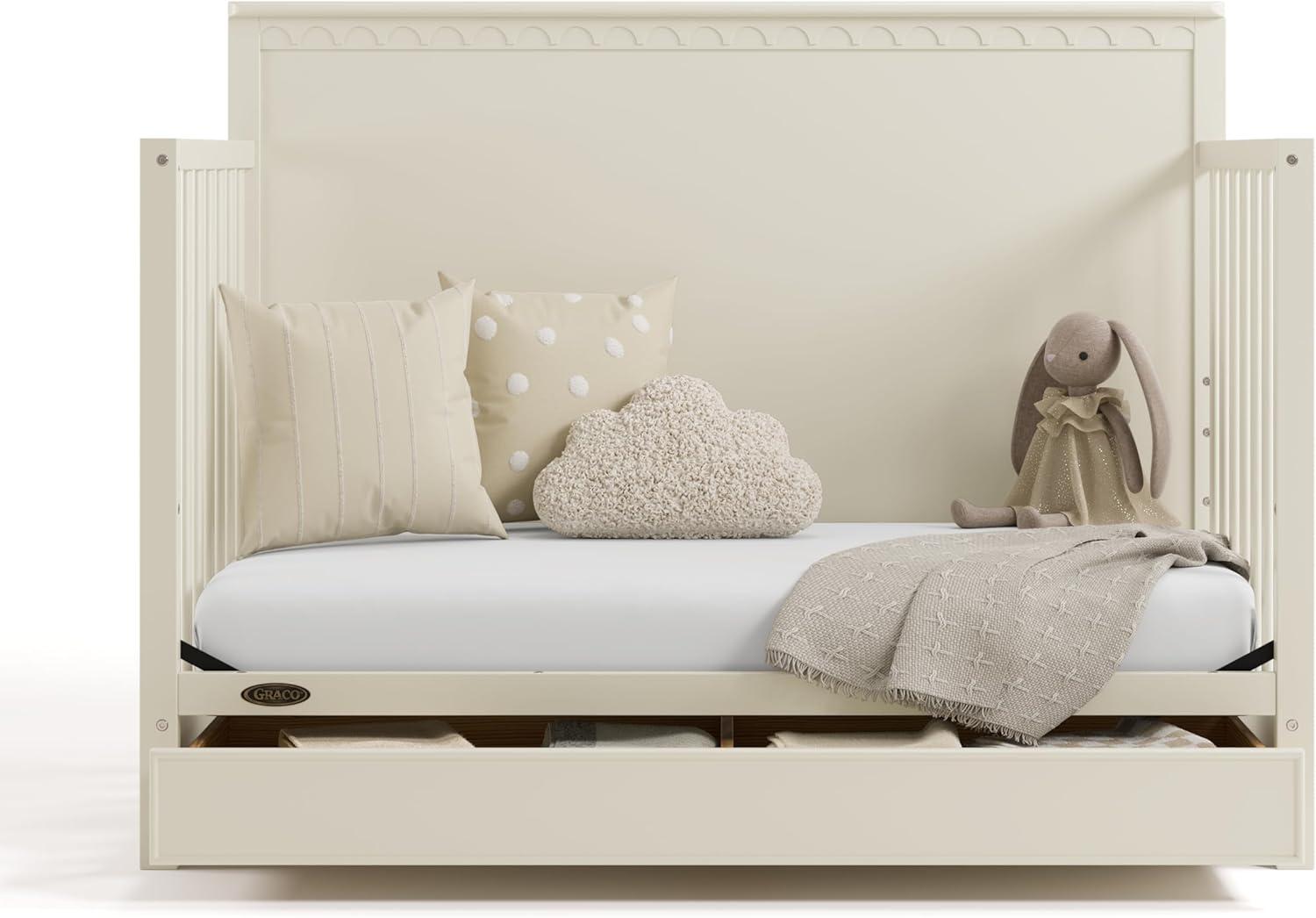 imageGraco Sasha 5in1 Convertible Crib with Drawer Frosted Oat GREENGUARD Gold Certified Wood Crib Converts to Toddler Bed Daybed FullSize Bed Stylish Classic DesignFroasted Oat