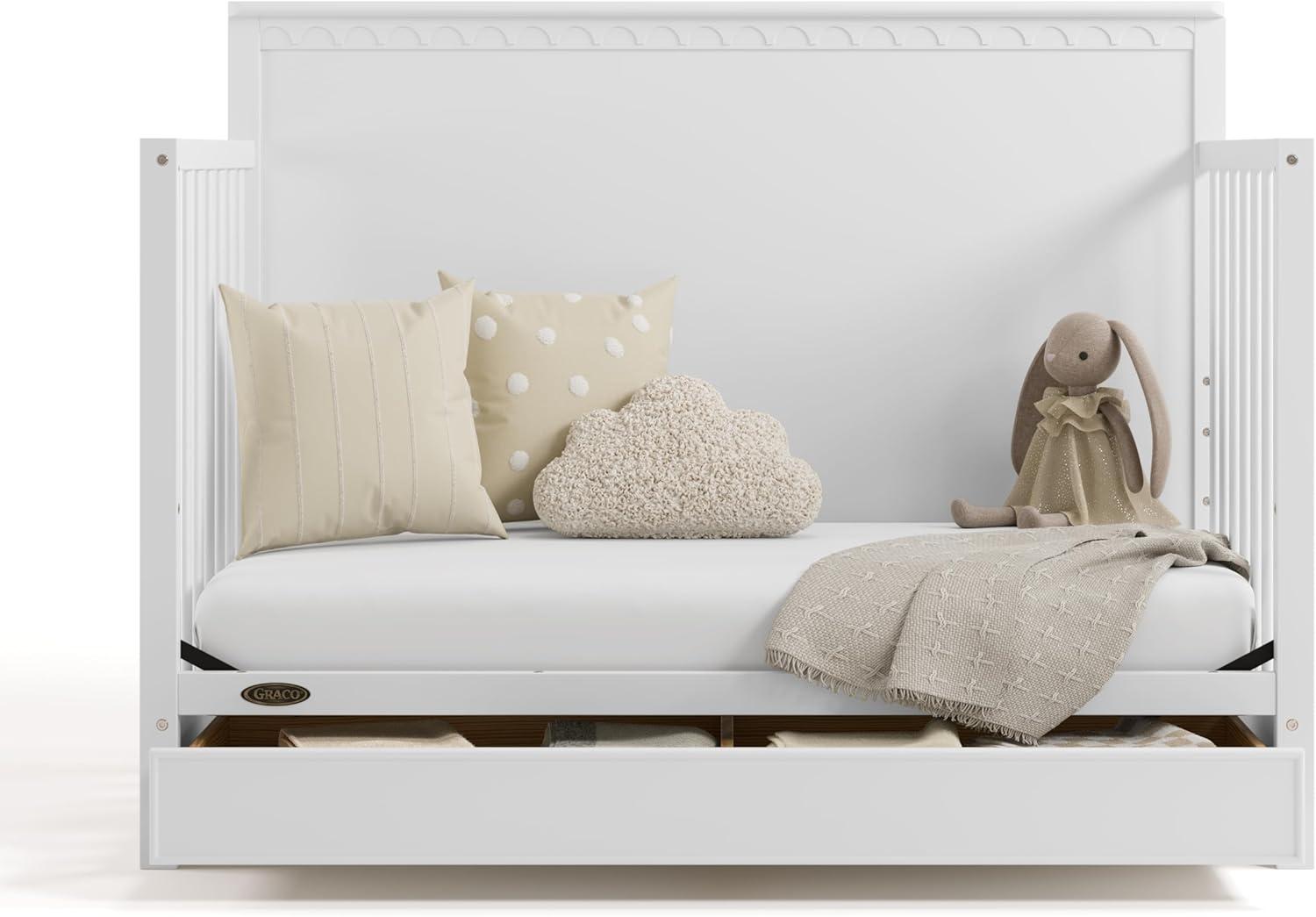 imageGraco Sasha 5in1 Convertible Crib with Drawer Frosted Oat GREENGUARD Gold Certified Wood Crib Converts to Toddler Bed Daybed FullSize Bed Stylish Classic DesignWhite