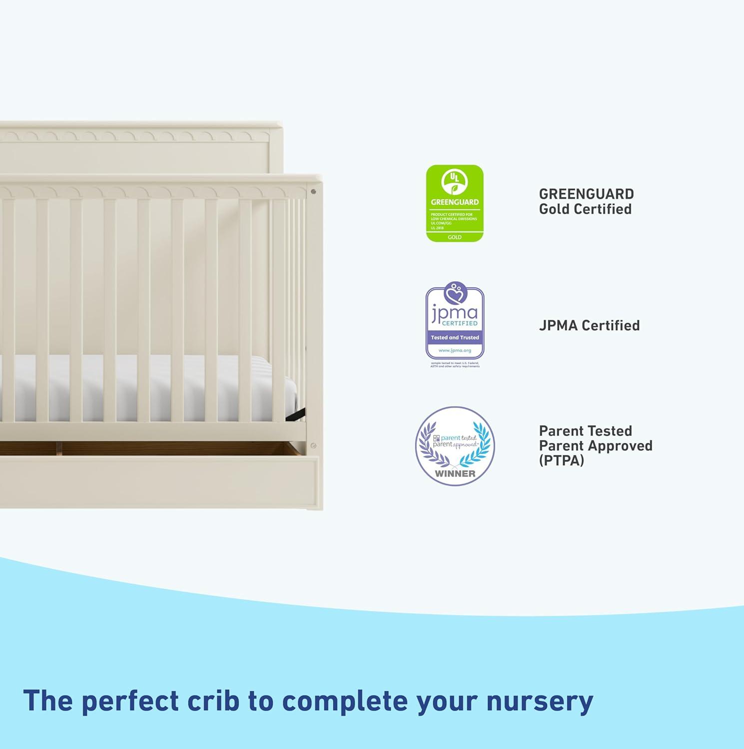 imageGraco Sasha 5in1 Convertible Crib with Drawer Frosted Oat GREENGUARD Gold Certified Wood Crib Converts to Toddler Bed Daybed FullSize Bed Stylish Classic DesignFroasted Oat