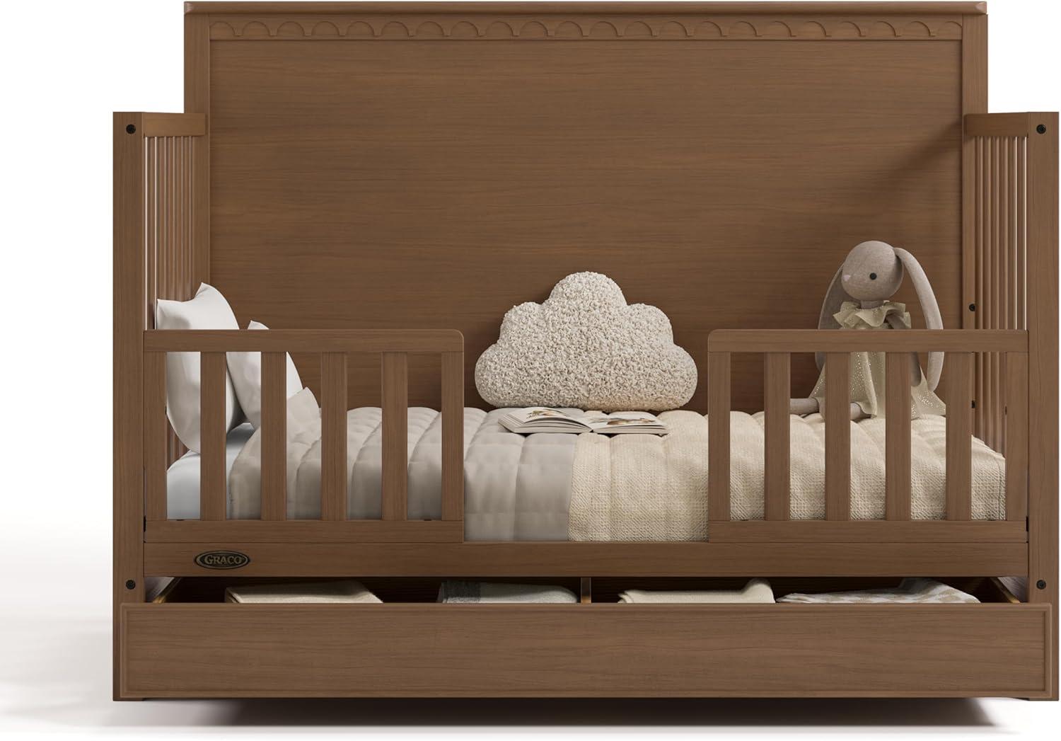 imageGraco Sasha 5in1 Convertible Crib with Drawer Frosted Oat GREENGUARD Gold Certified Wood Crib Converts to Toddler Bed Daybed FullSize Bed Stylish Classic DesignHazelnut