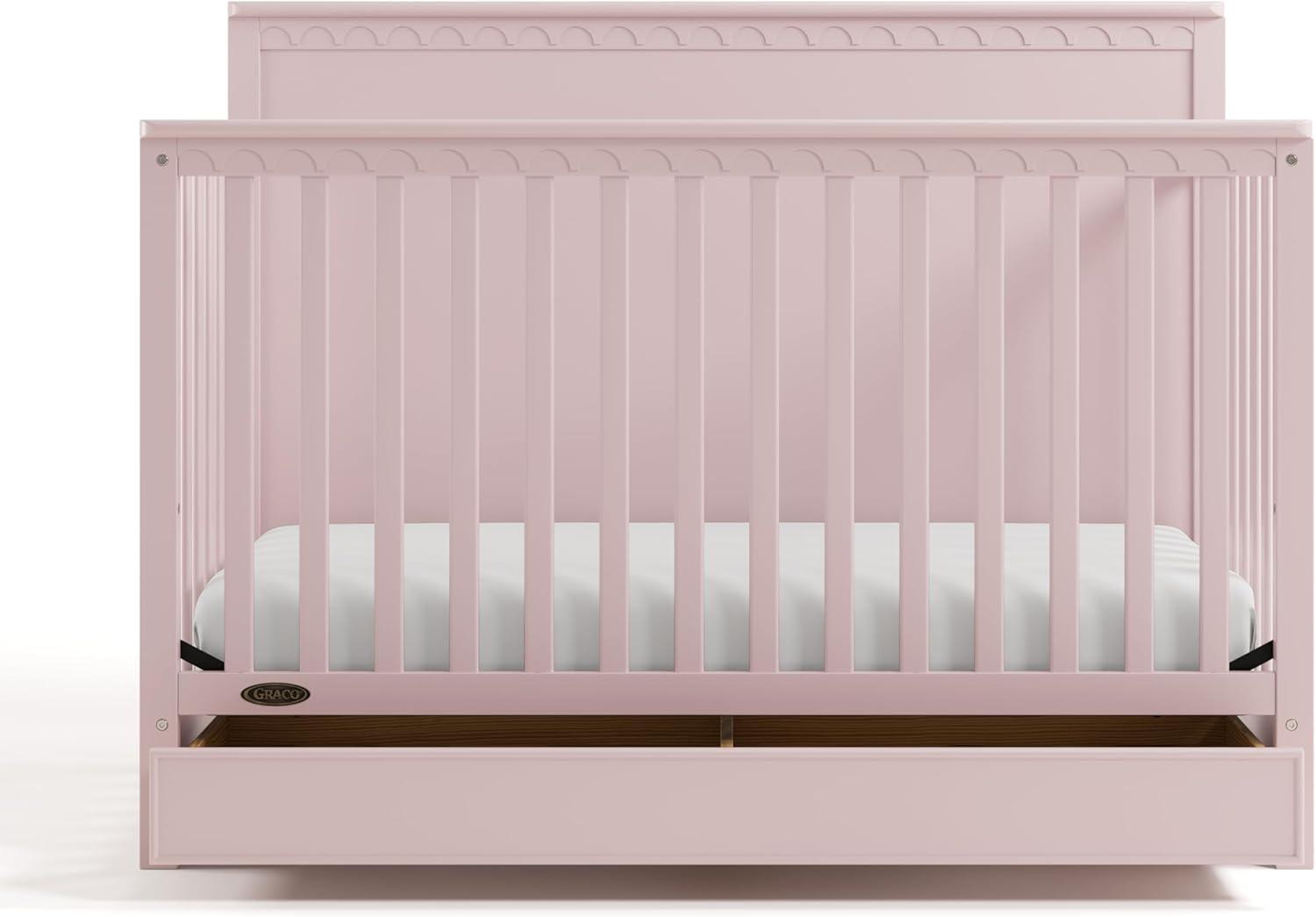 imageGraco Sasha 5in1 Convertible Crib with Drawer Frosted Oat GREENGUARD Gold Certified Wood Crib Converts to Toddler Bed Daybed FullSize Bed Stylish Classic DesignBlush