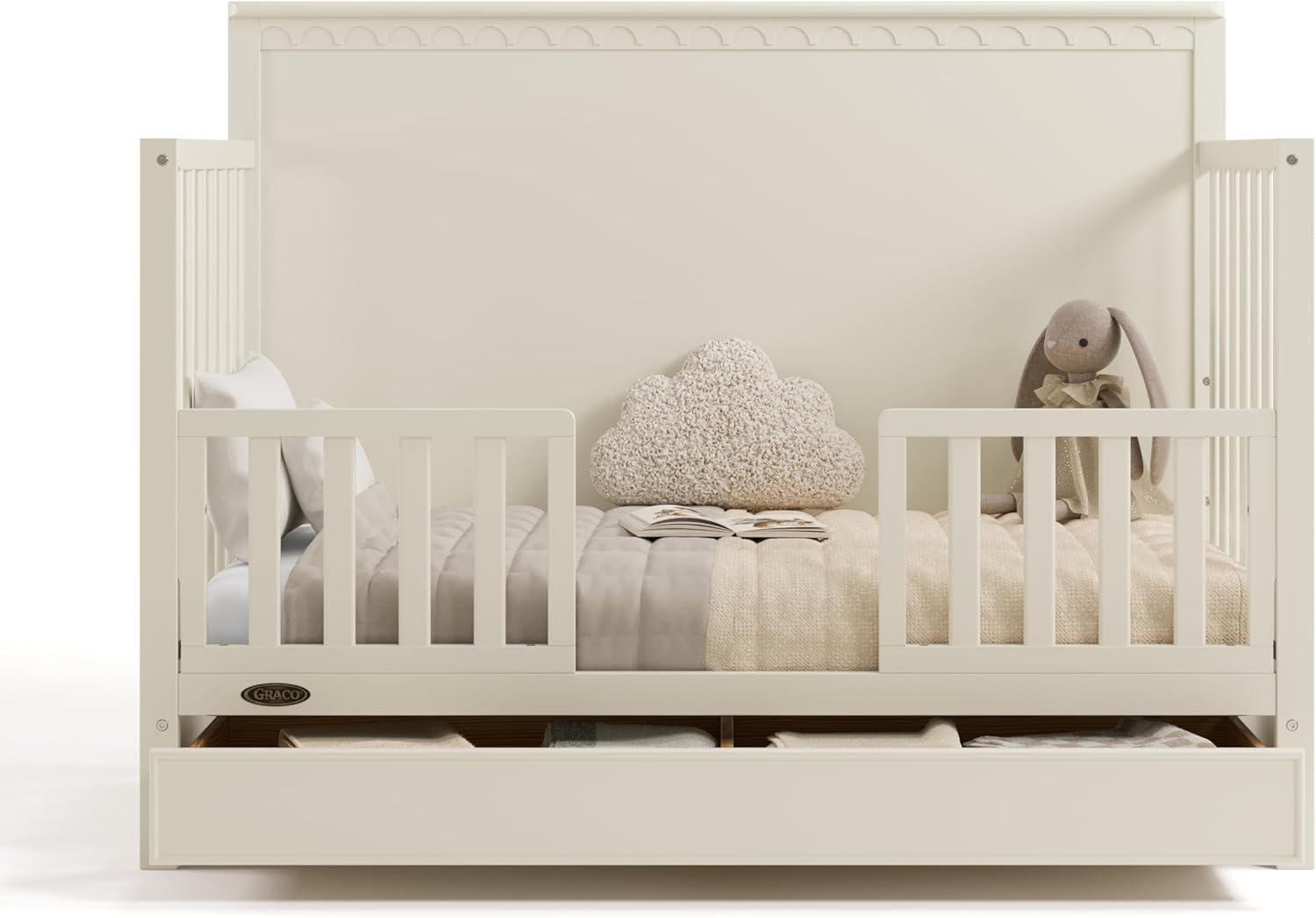 imageGraco Sasha 5in1 Convertible Crib with Drawer Frosted Oat GREENGUARD Gold Certified Wood Crib Converts to Toddler Bed Daybed FullSize Bed Stylish Classic DesignFroasted Oat