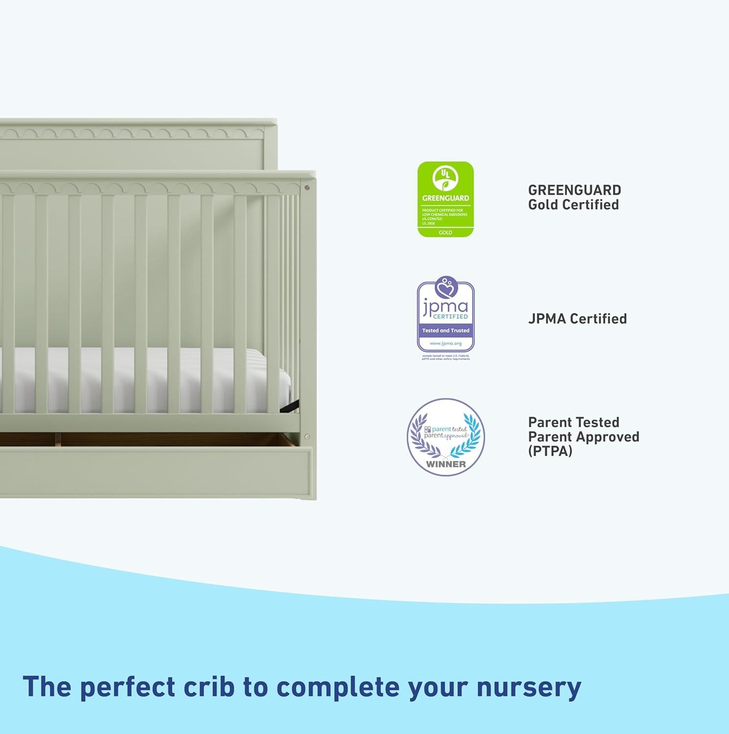 imageGraco Sasha 5in1 Convertible Crib with Drawer Frosted Oat GREENGUARD Gold Certified Wood Crib Converts to Toddler Bed Daybed FullSize Bed Stylish Classic DesignSage