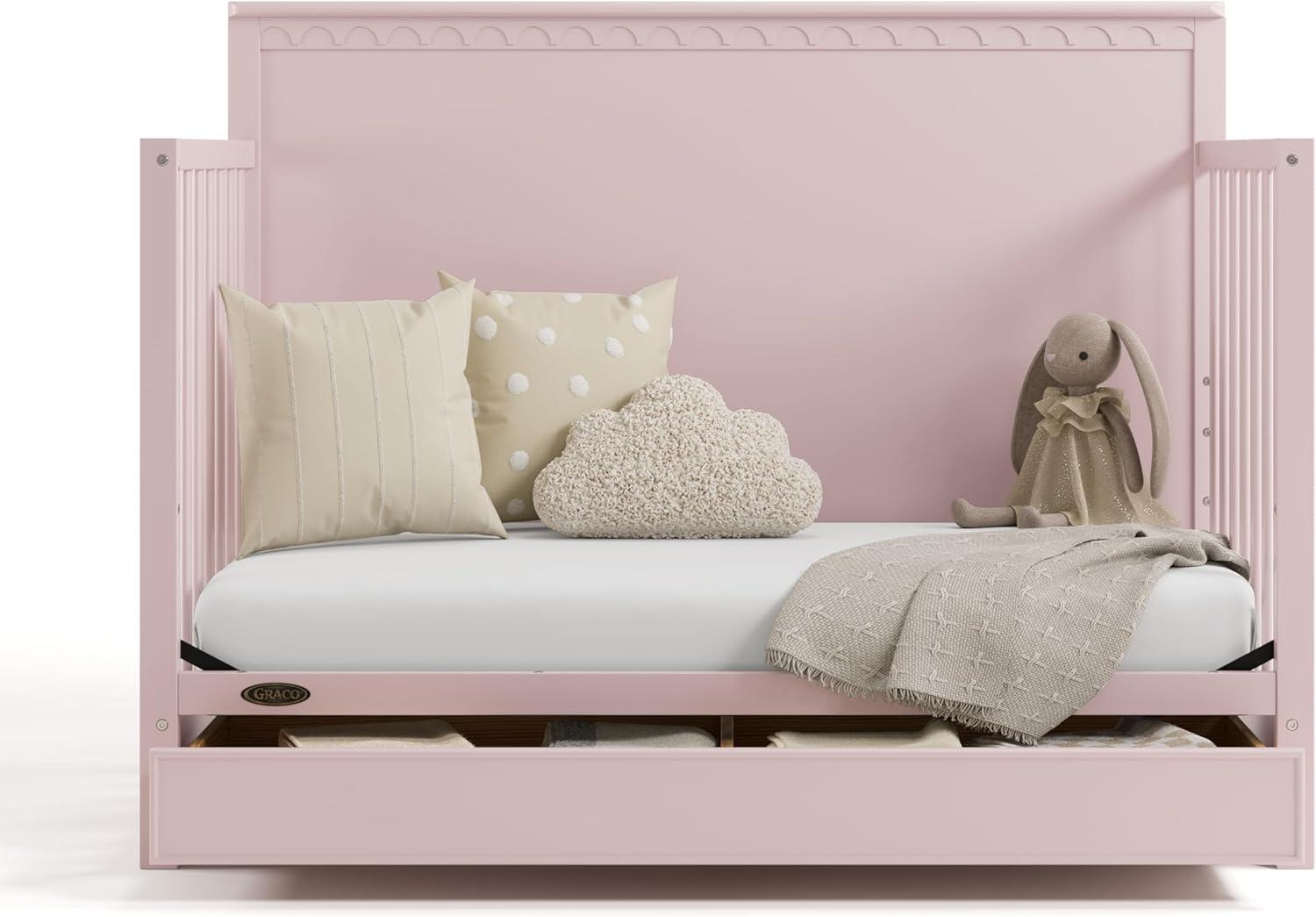 imageGraco Sasha 5in1 Convertible Crib with Drawer Frosted Oat GREENGUARD Gold Certified Wood Crib Converts to Toddler Bed Daybed FullSize Bed Stylish Classic DesignBlush