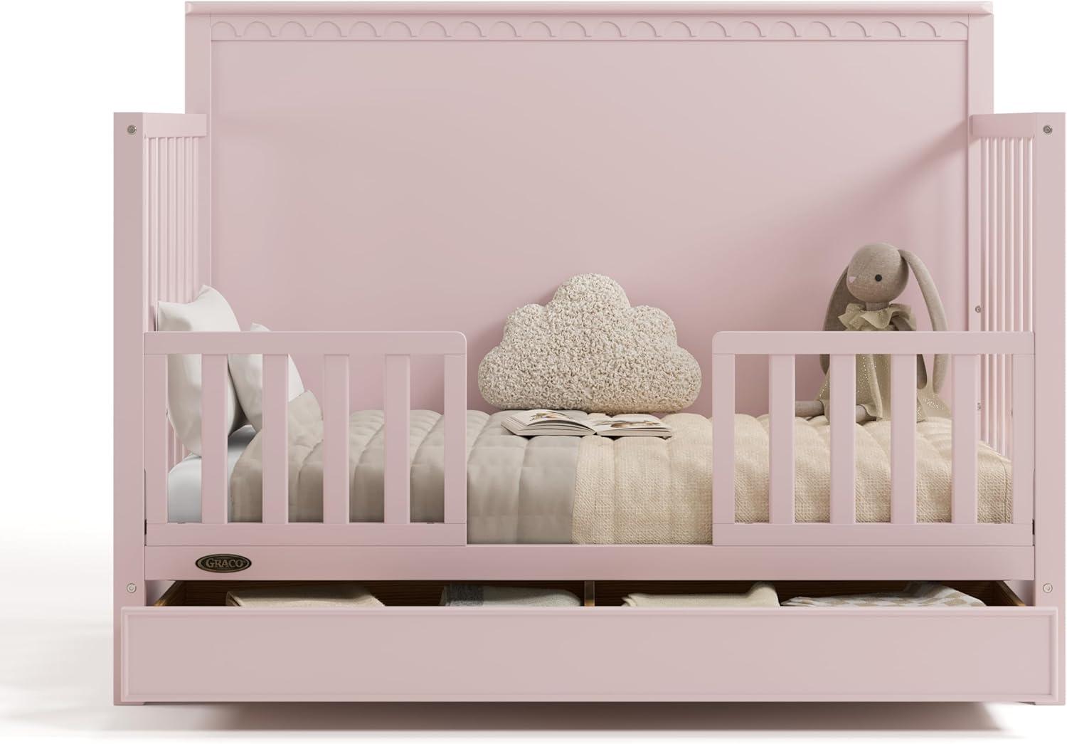 imageGraco Sasha 5in1 Convertible Crib with Drawer Frosted Oat GREENGUARD Gold Certified Wood Crib Converts to Toddler Bed Daybed FullSize Bed Stylish Classic DesignBlush