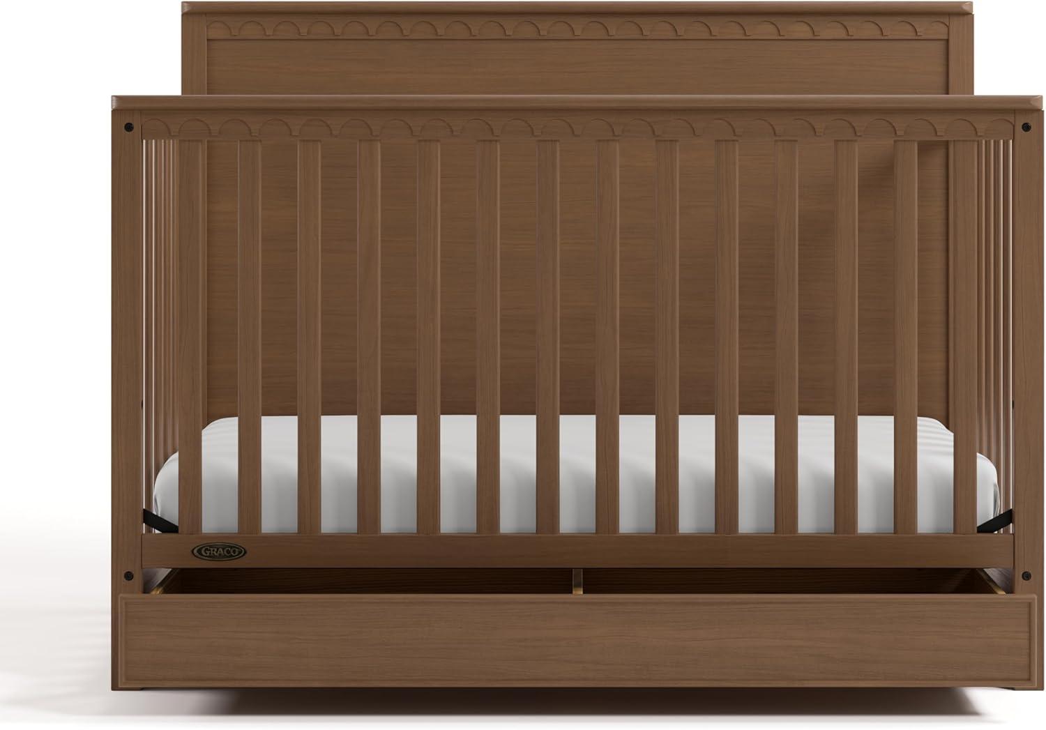 imageGraco Sasha 5in1 Convertible Crib with Drawer Frosted Oat GREENGUARD Gold Certified Wood Crib Converts to Toddler Bed Daybed FullSize Bed Stylish Classic DesignHazelnut