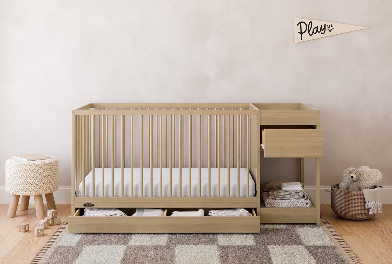 imageGraco Teddi 5in1 Convertible Crib with Drawer Driftwood GREENGUARD Gold Certified Crib with Drawer Combo FullSize Nursery Storage Drawer Converts to Toddler Bed Daybed and FullSize BedDriftwood