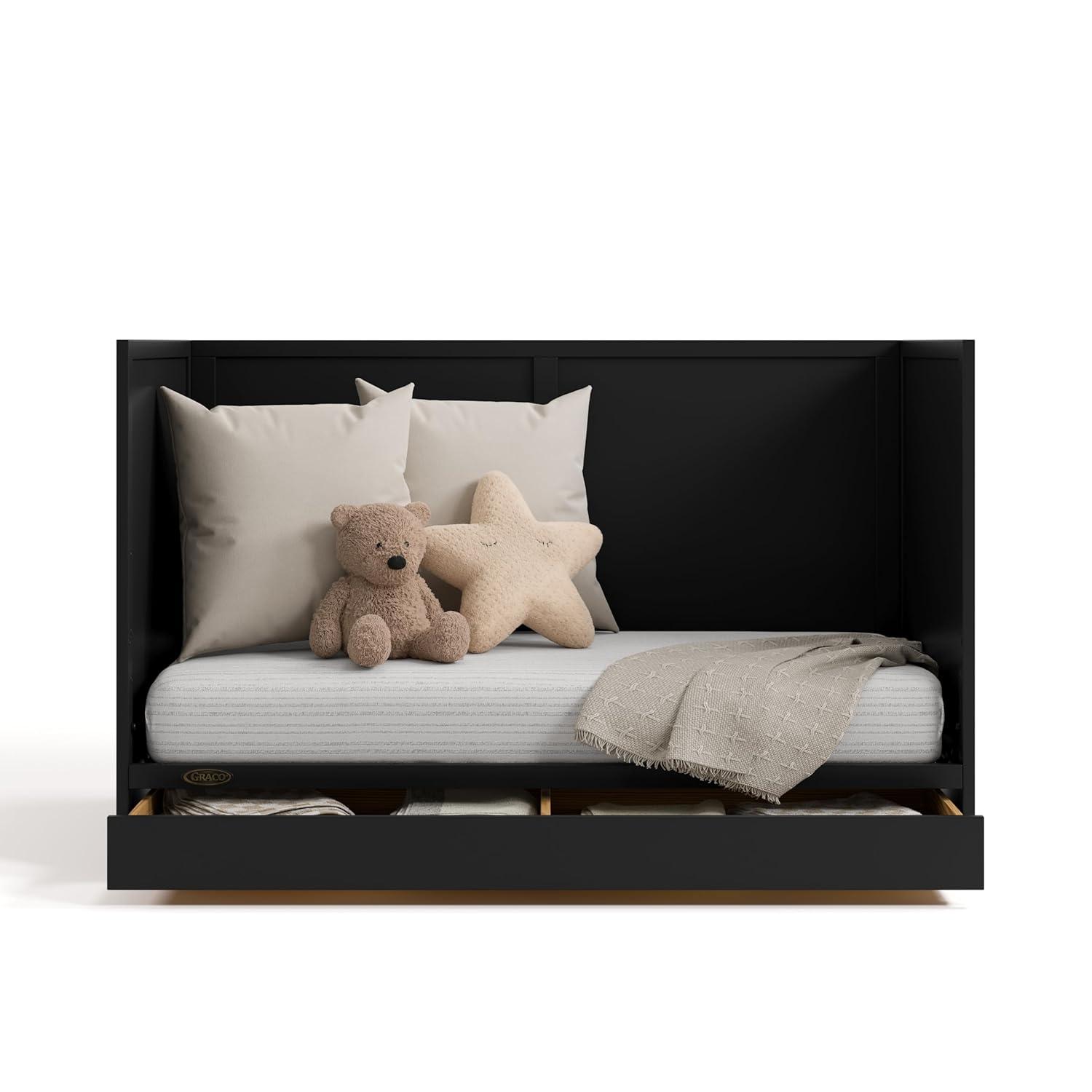 imageGraco Theo Convertible Crib with Storage Drawer Frosted Oat GREENGUARD Gold Certified Wooden Baby Crib with Drawer Converts to Toddler Bed Fits Standard Crib MattressBlack