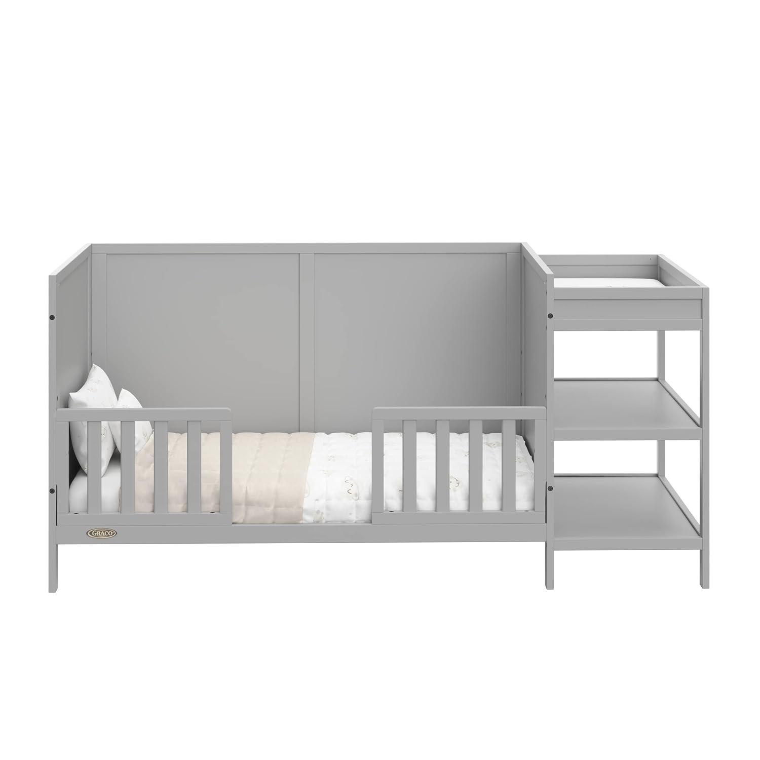 imageGraco Theo Convertible Crib with Storage Drawer Frosted Oat GREENGUARD Gold Certified Wooden Baby Crib with Drawer Converts to Toddler Bed Fits Standard Crib MattressPebble Gray