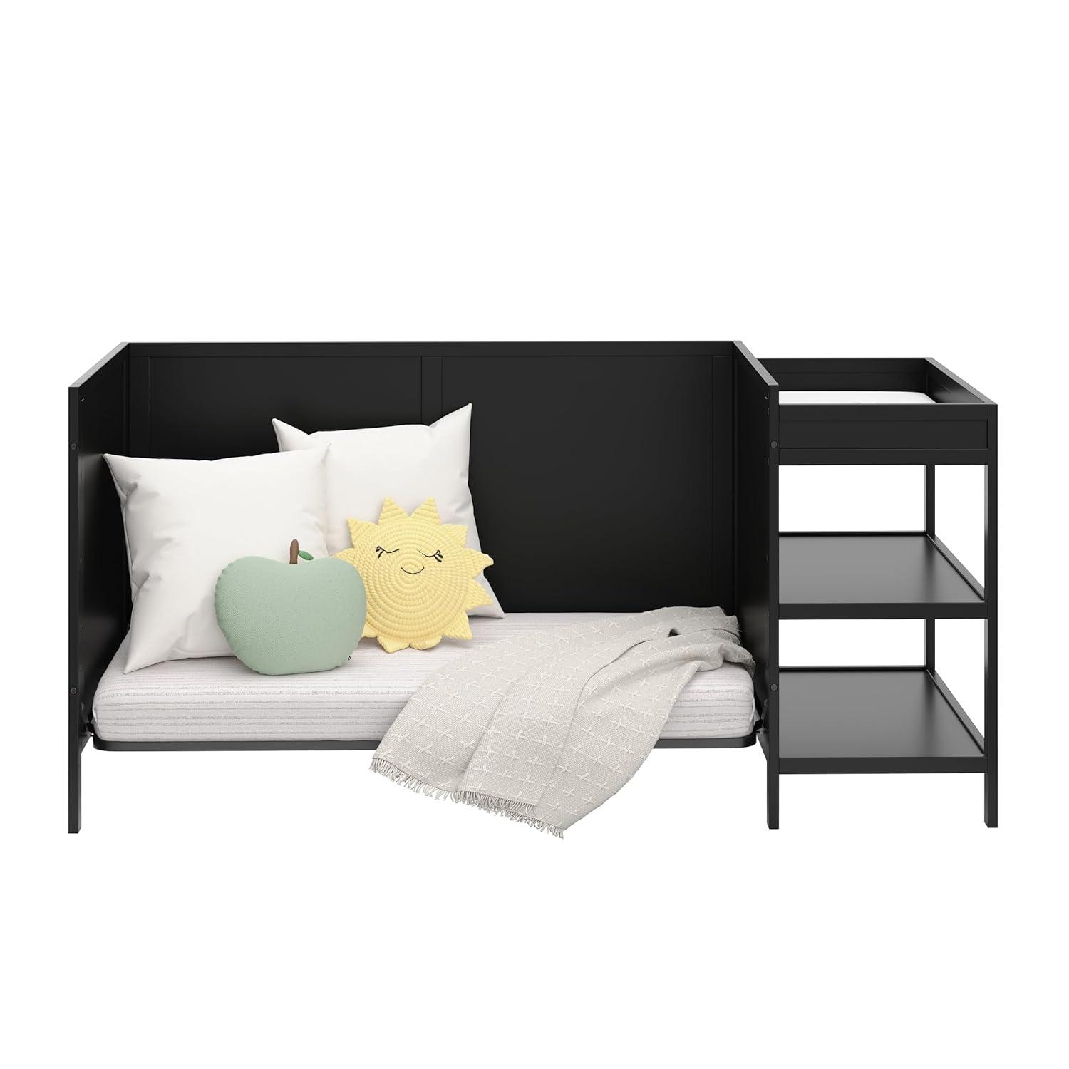 imageGraco Theo Convertible Crib with Storage Drawer Frosted Oat GREENGUARD Gold Certified Wooden Baby Crib with Drawer Converts to Toddler Bed Fits Standard Crib MattressBlack