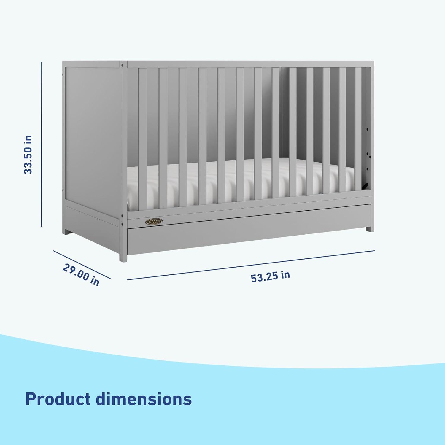 imageGraco Theo Convertible Crib with Storage Drawer Frosted Oat GREENGUARD Gold Certified Wooden Baby Crib with Drawer Converts to Toddler Bed Fits Standard Crib MattressPebble Gray
