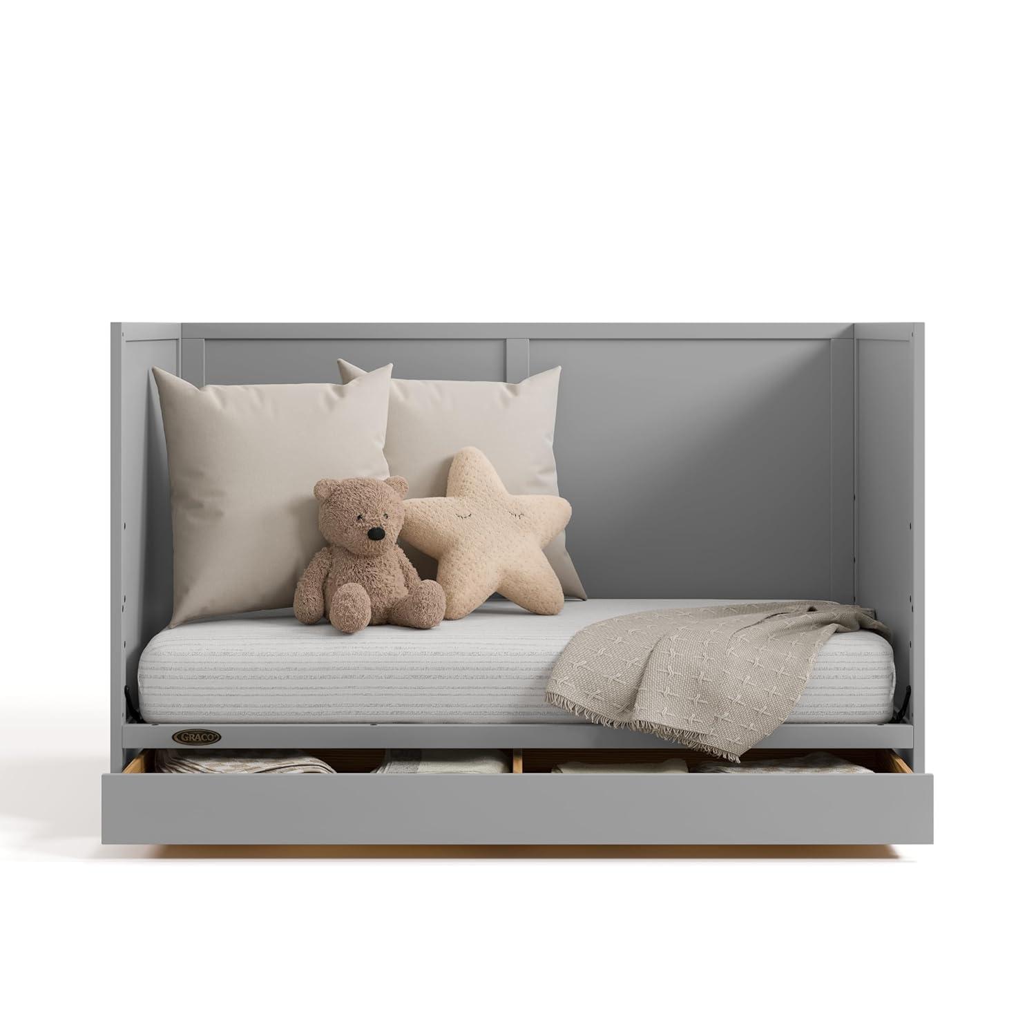 imageGraco Theo Convertible Crib with Storage Drawer Frosted Oat GREENGUARD Gold Certified Wooden Baby Crib with Drawer Converts to Toddler Bed Fits Standard Crib MattressPebble Gray