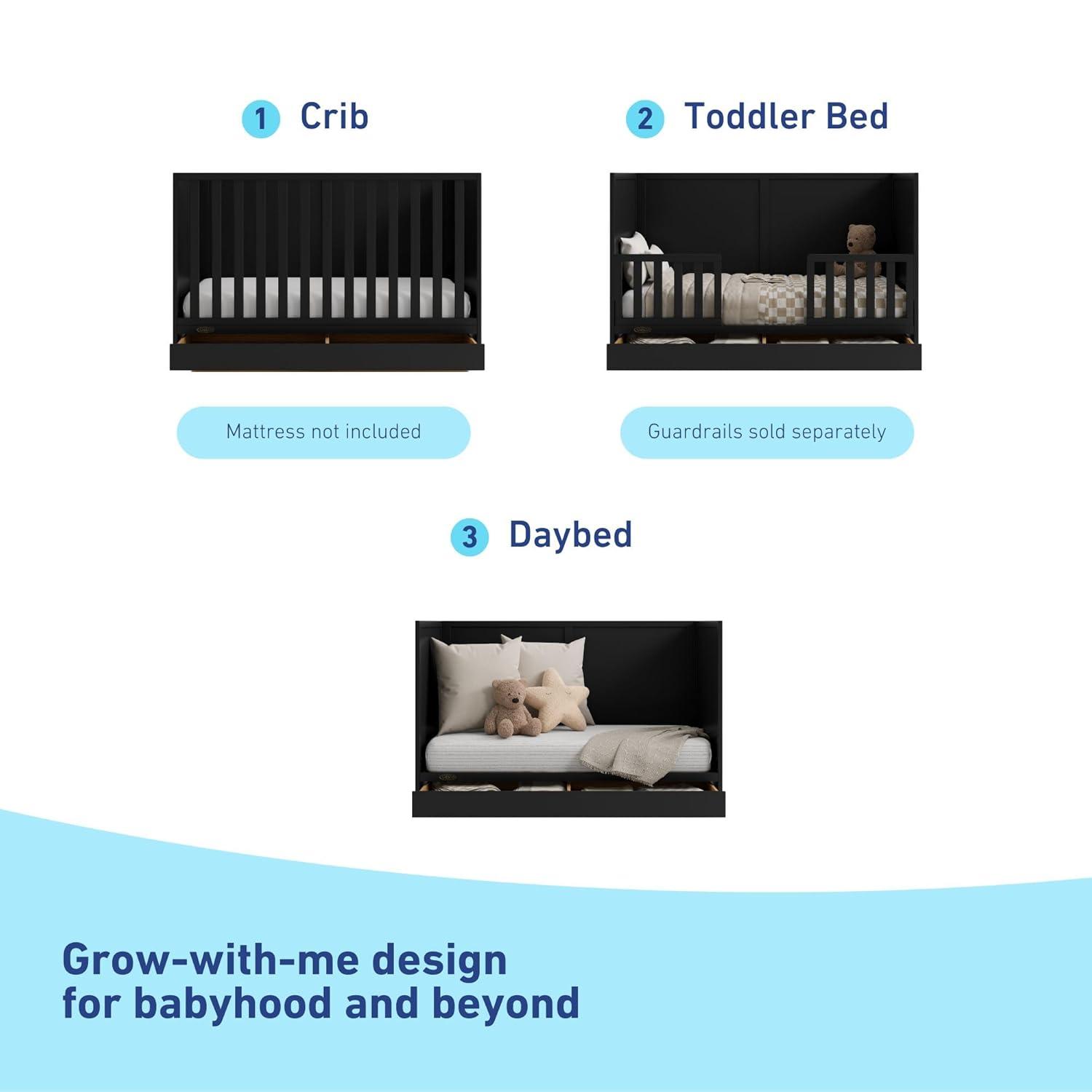 imageGraco Theo Convertible Crib with Storage Drawer Frosted Oat GREENGUARD Gold Certified Wooden Baby Crib with Drawer Converts to Toddler Bed Fits Standard Crib MattressBlack