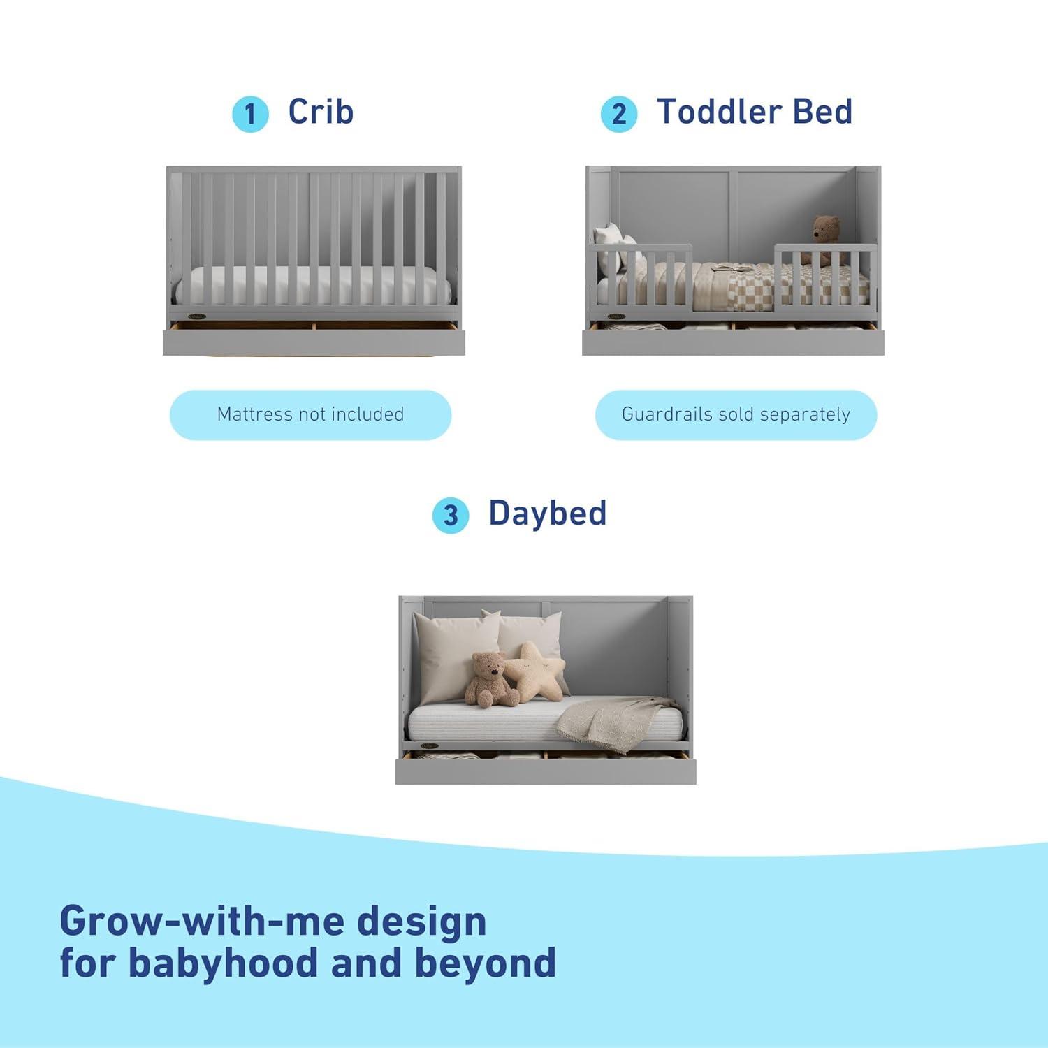 imageGraco Theo Convertible Crib with Storage Drawer Frosted Oat GREENGUARD Gold Certified Wooden Baby Crib with Drawer Converts to Toddler Bed Fits Standard Crib MattressPebble Gray