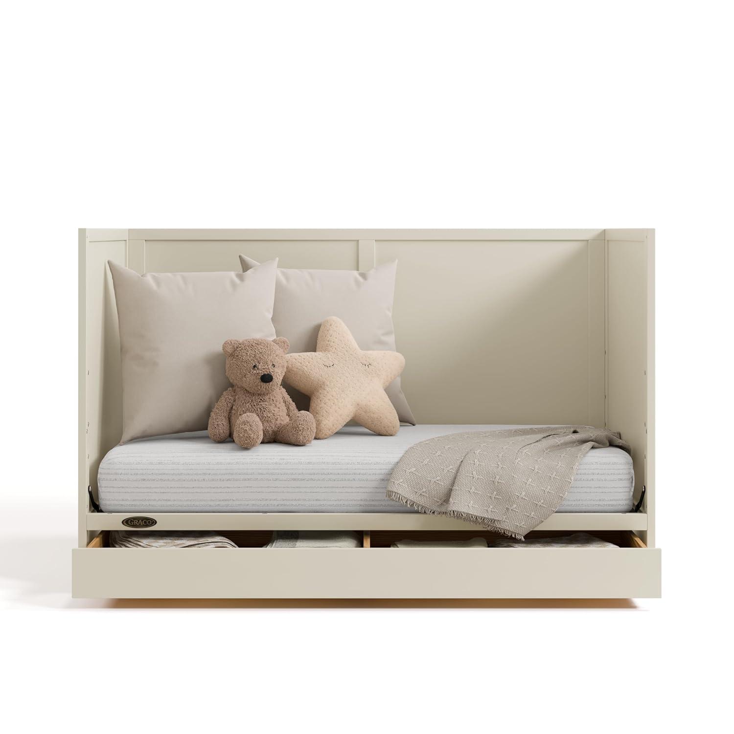 imageGraco Theo Convertible Crib with Storage Drawer Frosted Oat GREENGUARD Gold Certified Wooden Baby Crib with Drawer Converts to Toddler Bed Fits Standard Crib MattressFrosted Oat