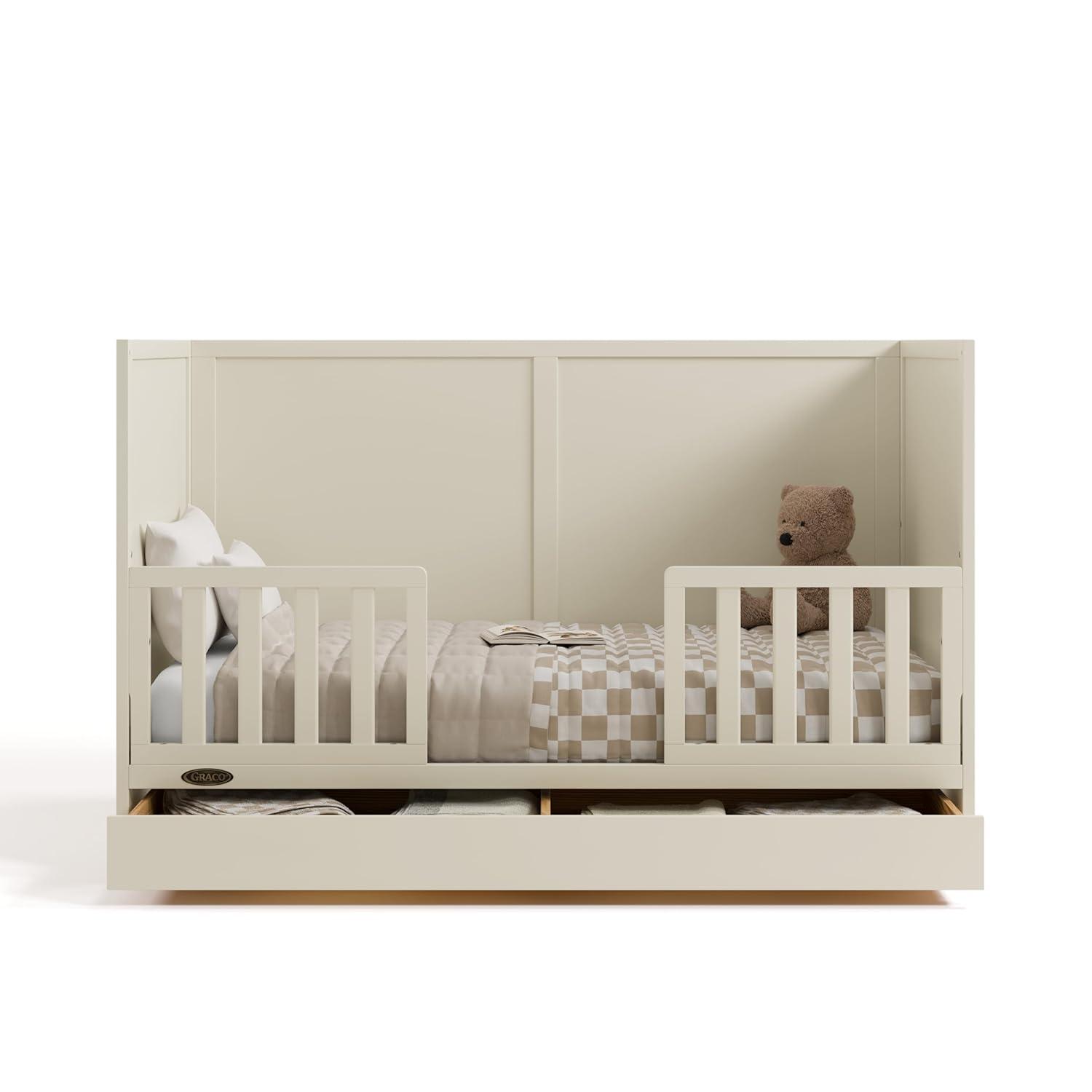 imageGraco Theo Convertible Crib with Storage Drawer Frosted Oat GREENGUARD Gold Certified Wooden Baby Crib with Drawer Converts to Toddler Bed Fits Standard Crib MattressFrosted Oat