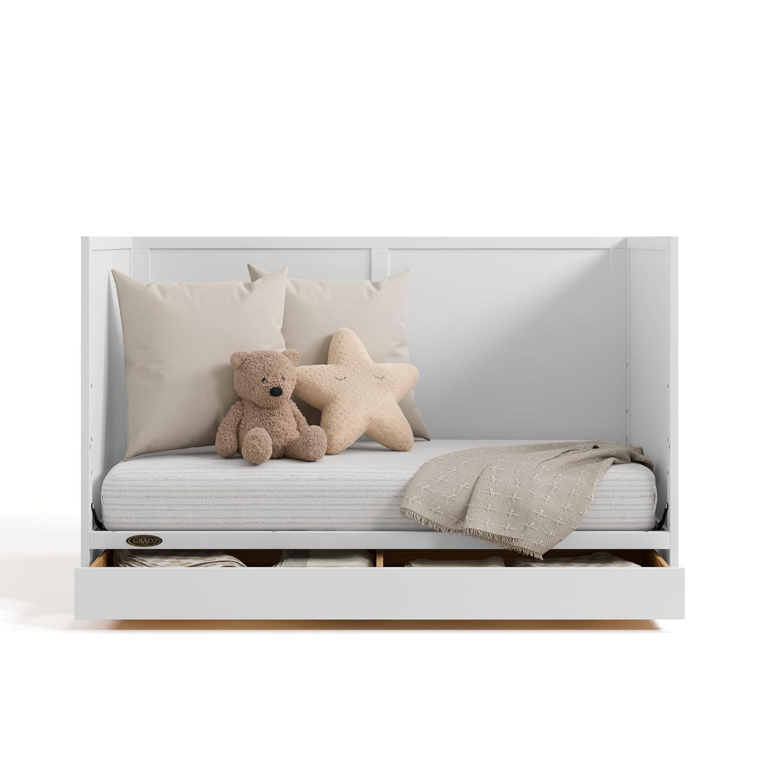 imageGraco Theo Convertible Crib with Storage Drawer Frosted Oat GREENGUARD Gold Certified Wooden Baby Crib with Drawer Converts to Toddler Bed Fits Standard Crib MattressWhite