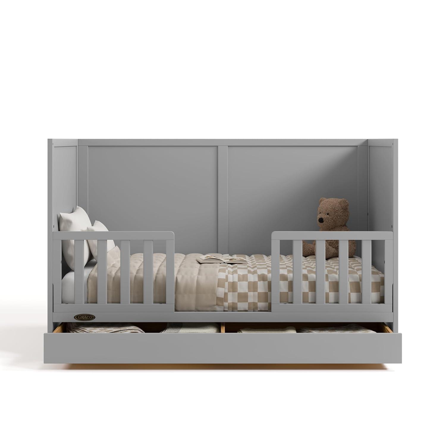 imageGraco Theo Convertible Crib with Storage Drawer Frosted Oat GREENGUARD Gold Certified Wooden Baby Crib with Drawer Converts to Toddler Bed Fits Standard Crib MattressPebble Gray