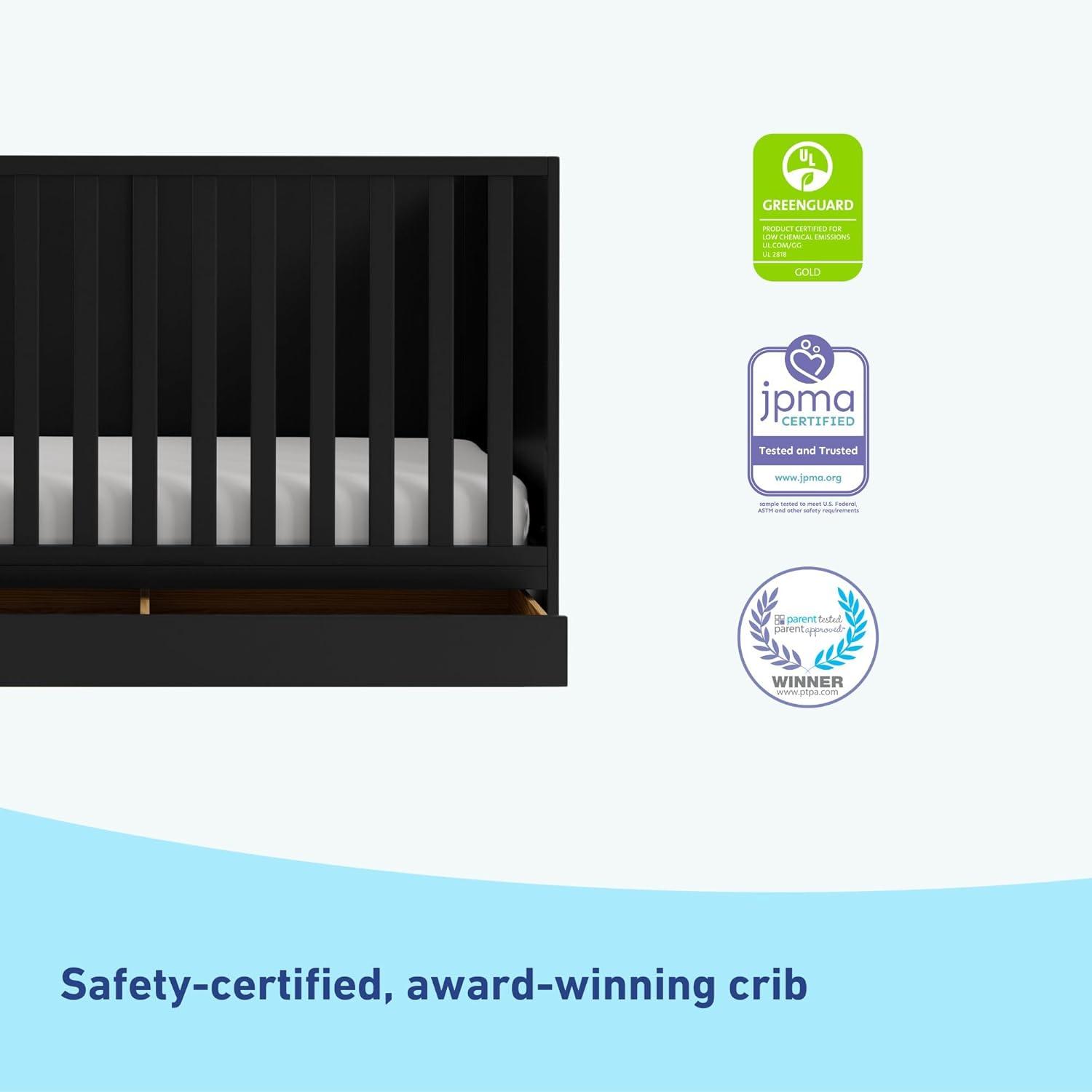 imageGraco Theo Convertible Crib with Storage Drawer Frosted Oat GREENGUARD Gold Certified Wooden Baby Crib with Drawer Converts to Toddler Bed Fits Standard Crib MattressBlack