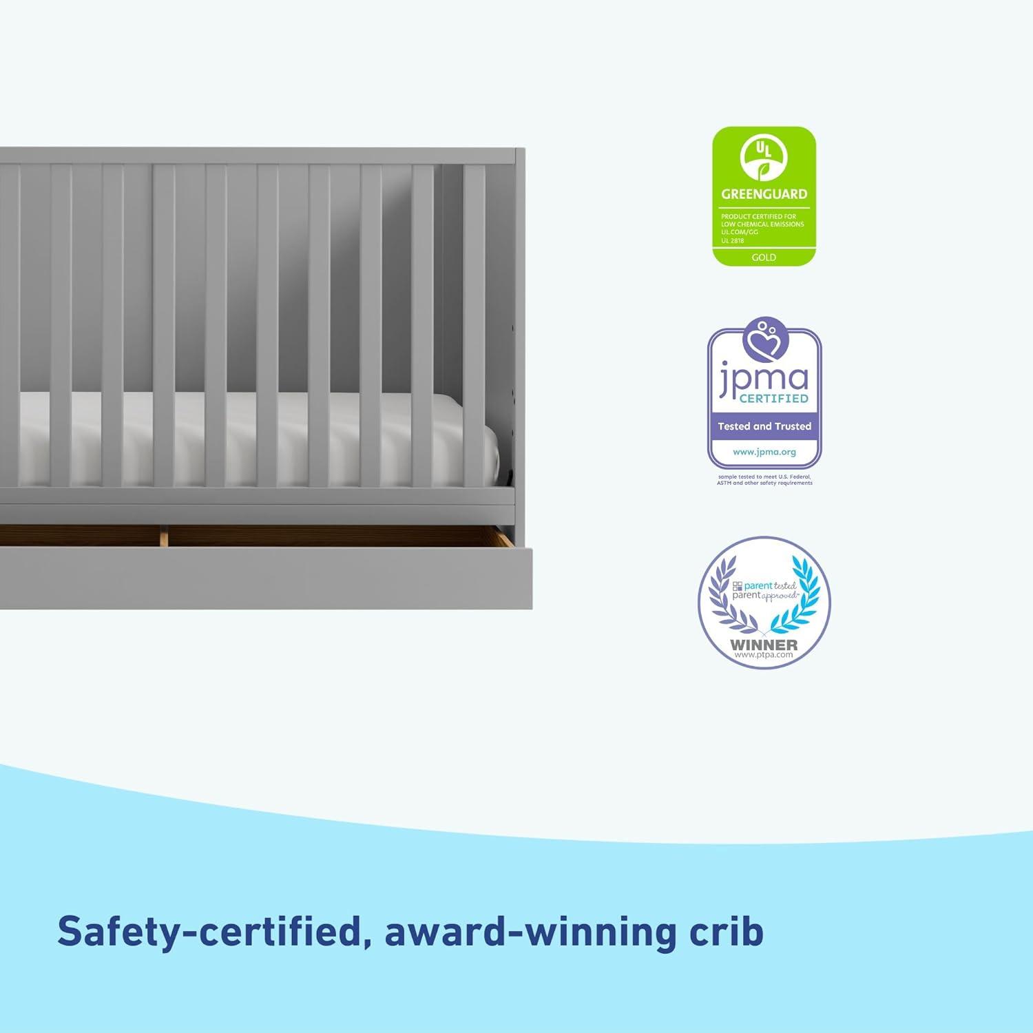 imageGraco Theo Convertible Crib with Storage Drawer Frosted Oat GREENGUARD Gold Certified Wooden Baby Crib with Drawer Converts to Toddler Bed Fits Standard Crib MattressPebble Gray