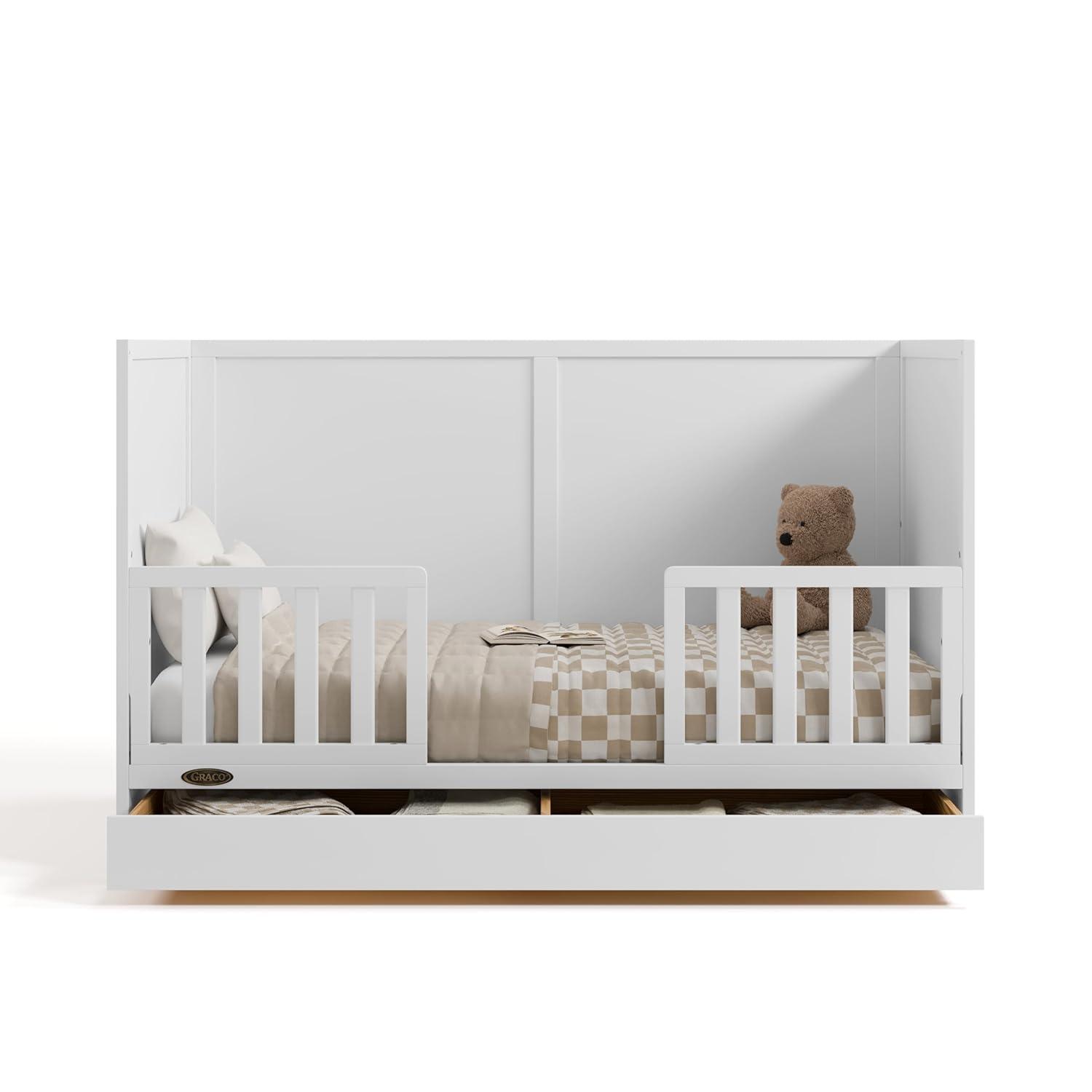 imageGraco Theo Convertible Crib with Storage Drawer Frosted Oat GREENGUARD Gold Certified Wooden Baby Crib with Drawer Converts to Toddler Bed Fits Standard Crib MattressWhite