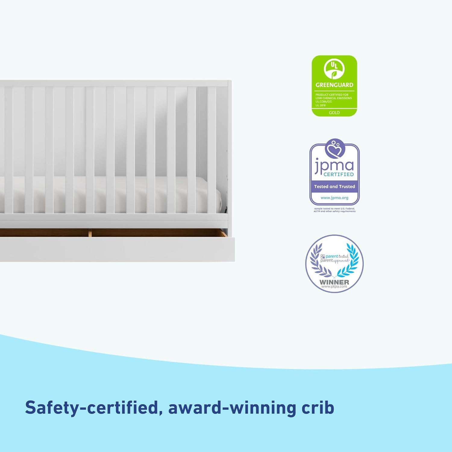 imageGraco Theo Convertible Crib with Storage Drawer Frosted Oat GREENGUARD Gold Certified Wooden Baby Crib with Drawer Converts to Toddler Bed Fits Standard Crib MattressWhite