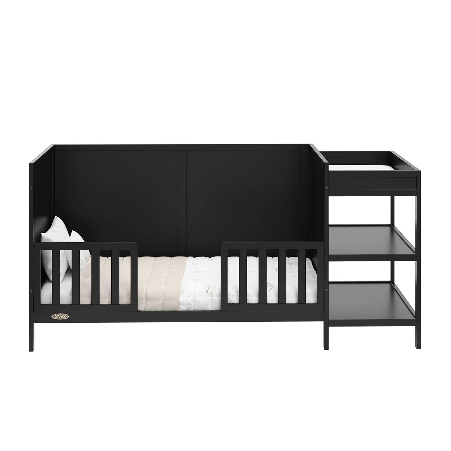 imageGraco Theo Convertible Crib with Storage Drawer Frosted Oat GREENGUARD Gold Certified Wooden Baby Crib with Drawer Converts to Toddler Bed Fits Standard Crib MattressBlack