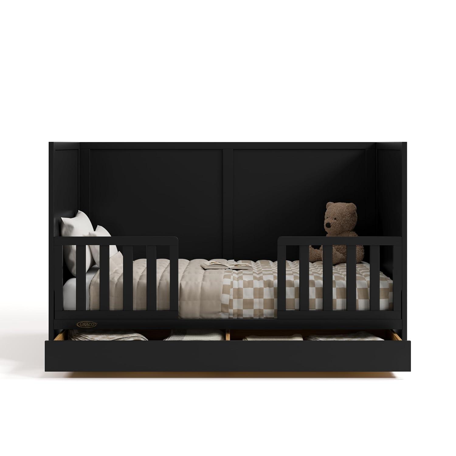 imageGraco Theo Convertible Crib with Storage Drawer Frosted Oat GREENGUARD Gold Certified Wooden Baby Crib with Drawer Converts to Toddler Bed Fits Standard Crib MattressBlack