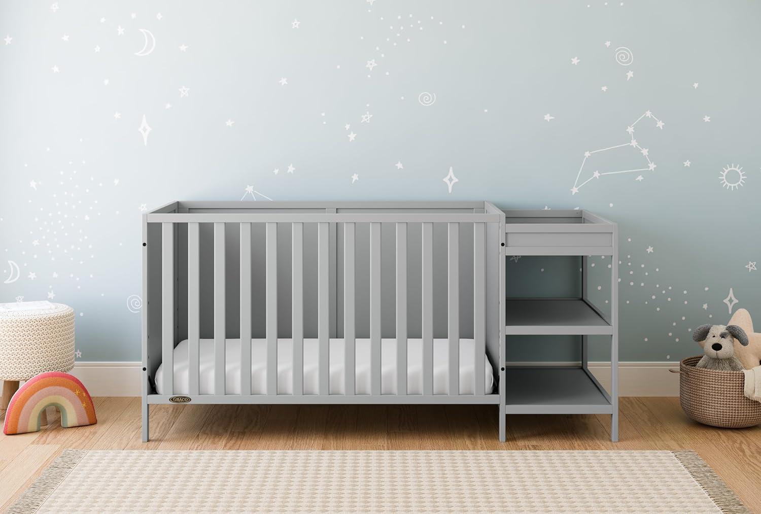 imageGraco Theo Convertible Crib with Storage Drawer Frosted Oat GREENGUARD Gold Certified Wooden Baby Crib with Drawer Converts to Toddler Bed Fits Standard Crib MattressPebble Gray