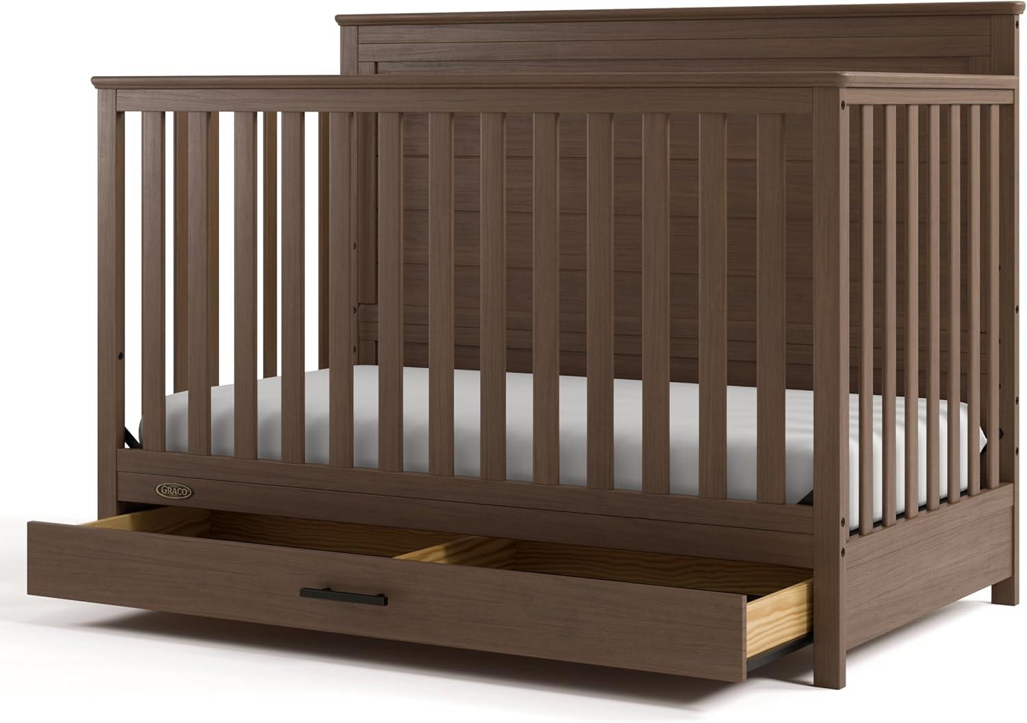 imageGraco Tristan 5in1 Convertible Crib with Drawer Frosted Oat GREENGUARD Gold Certified Fits Standard Crib Mattress Premium Handle Converts to Toddler Bed Daybed and FullSize BedHazelnut