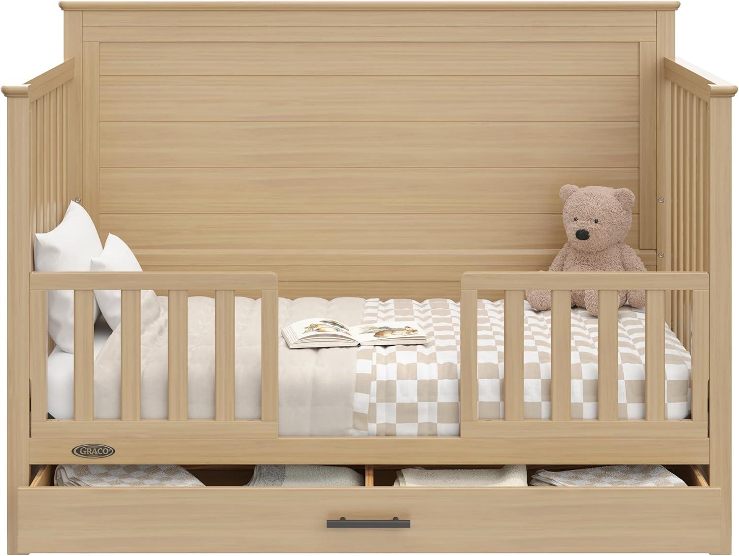imageGraco Tristan 5in1 Convertible Crib with Drawer Frosted Oat GREENGUARD Gold Certified Fits Standard Crib Mattress Premium Handle Converts to Toddler Bed Daybed and FullSize BedDriftwood