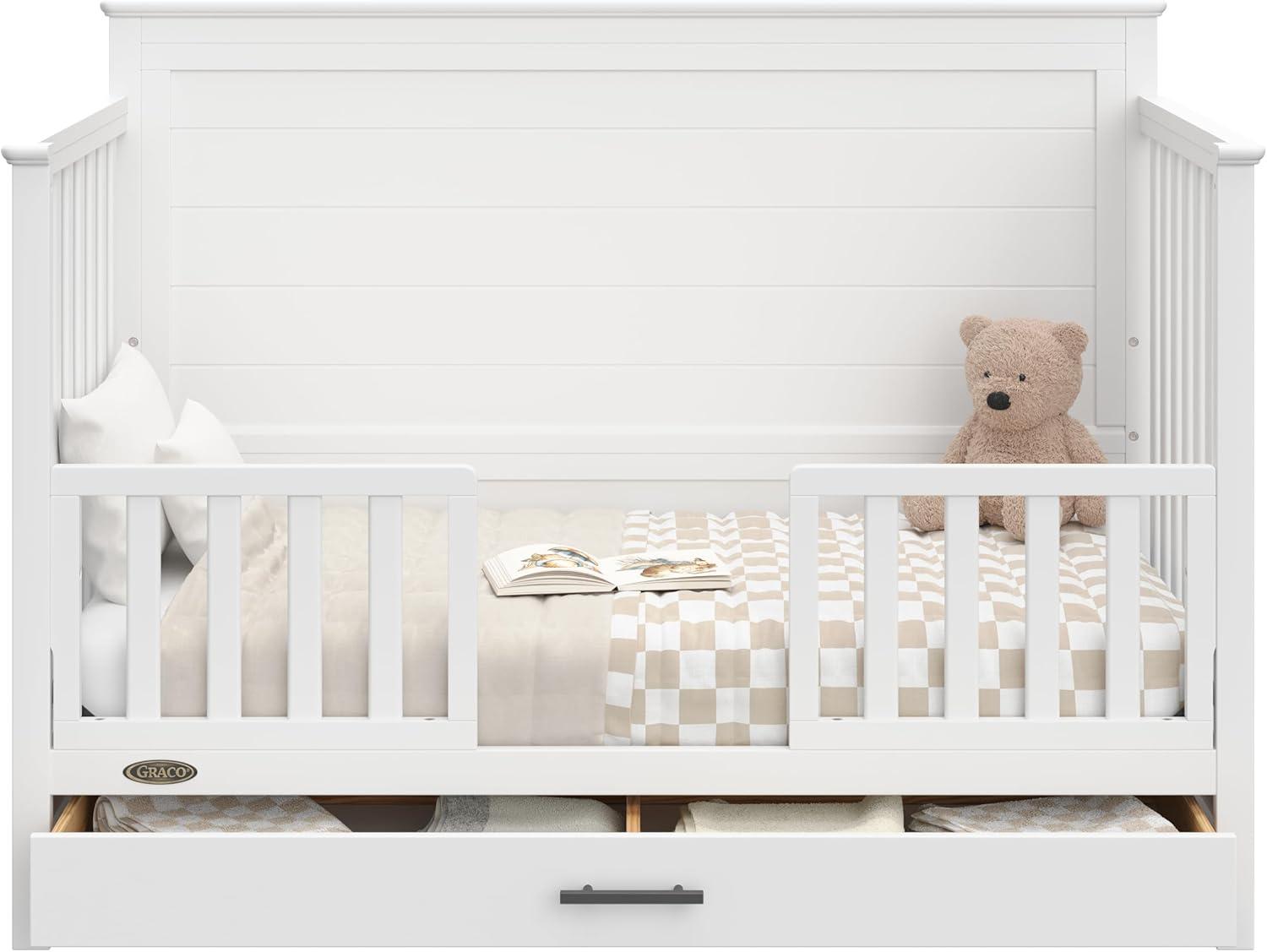 imageGraco Tristan 5in1 Convertible Crib with Drawer Frosted Oat GREENGUARD Gold Certified Fits Standard Crib Mattress Premium Handle Converts to Toddler Bed Daybed and FullSize BedWhite