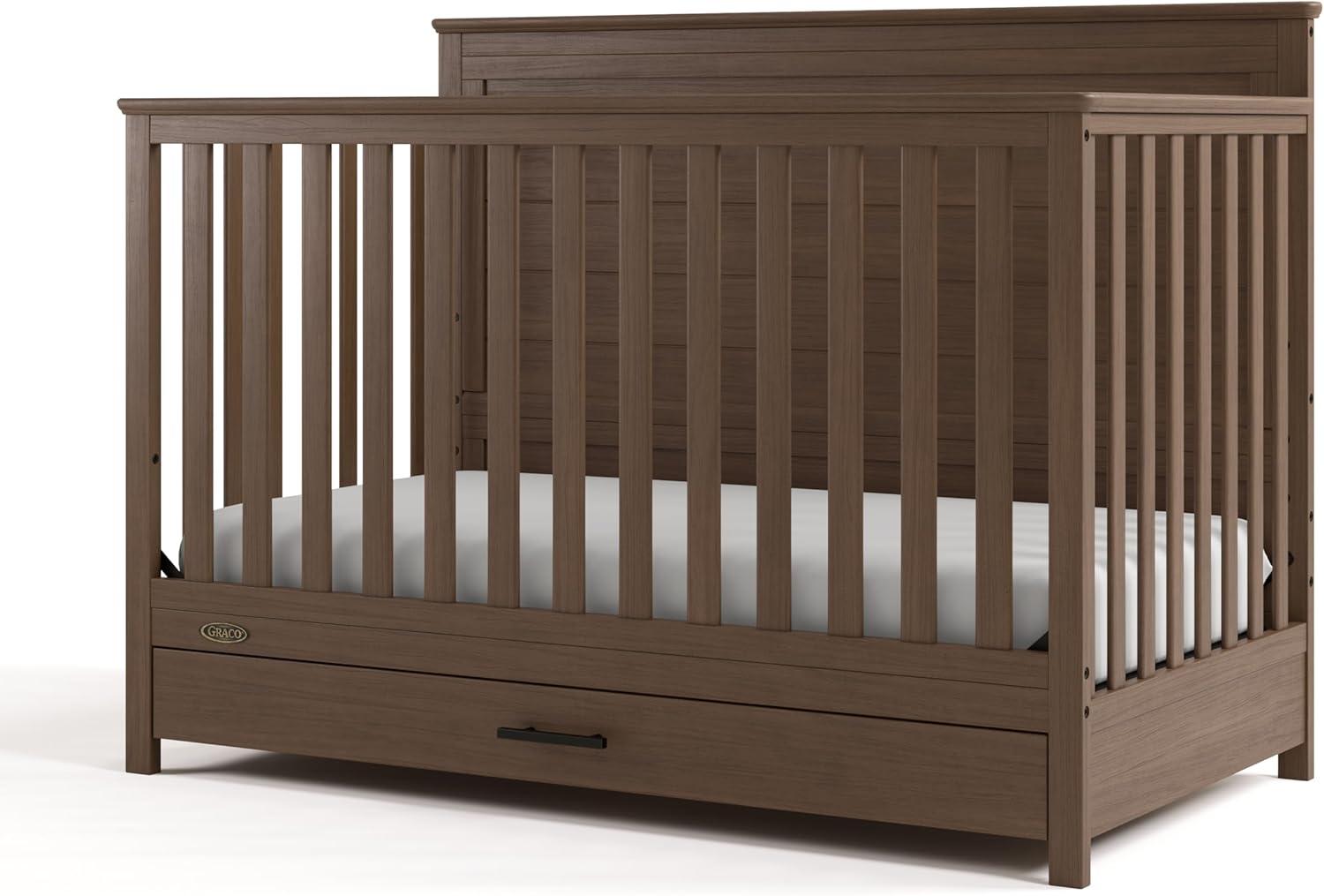 imageGraco Tristan 5in1 Convertible Crib with Drawer Frosted Oat GREENGUARD Gold Certified Fits Standard Crib Mattress Premium Handle Converts to Toddler Bed Daybed and FullSize BedHazelnut