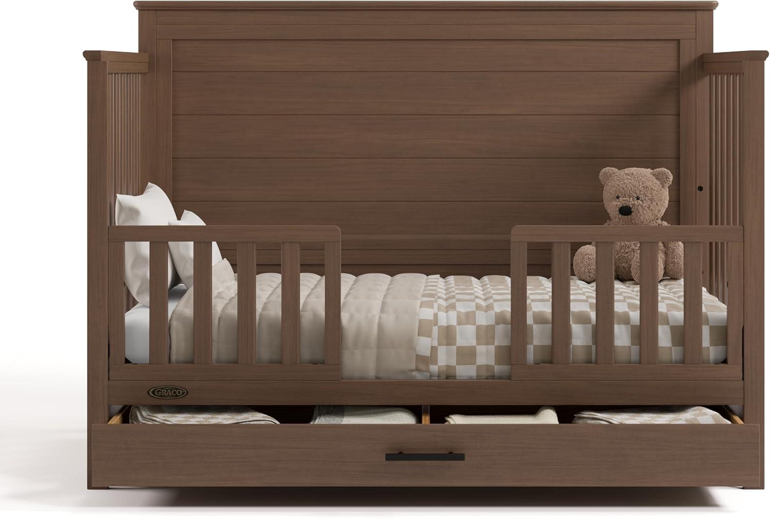 imageGraco Tristan 5in1 Convertible Crib with Drawer Frosted Oat GREENGUARD Gold Certified Fits Standard Crib Mattress Premium Handle Converts to Toddler Bed Daybed and FullSize BedHazelnut